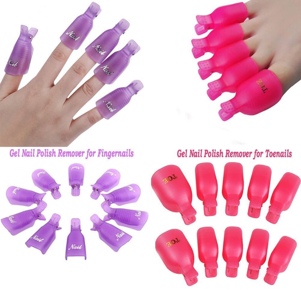 20 Pieces Acrylic Toenail Nail Art Soak Off Clip Cap UV Gel Polish Remover Wrap Nail Tool, Pink and Purple