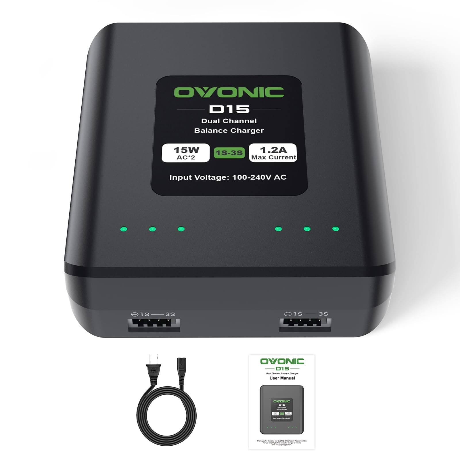 OVONIC D15 Lipo Battery Charger Dual Channel Charger 1.2A 15W for 1S-3S LiPo Life LiHv Battery Charger