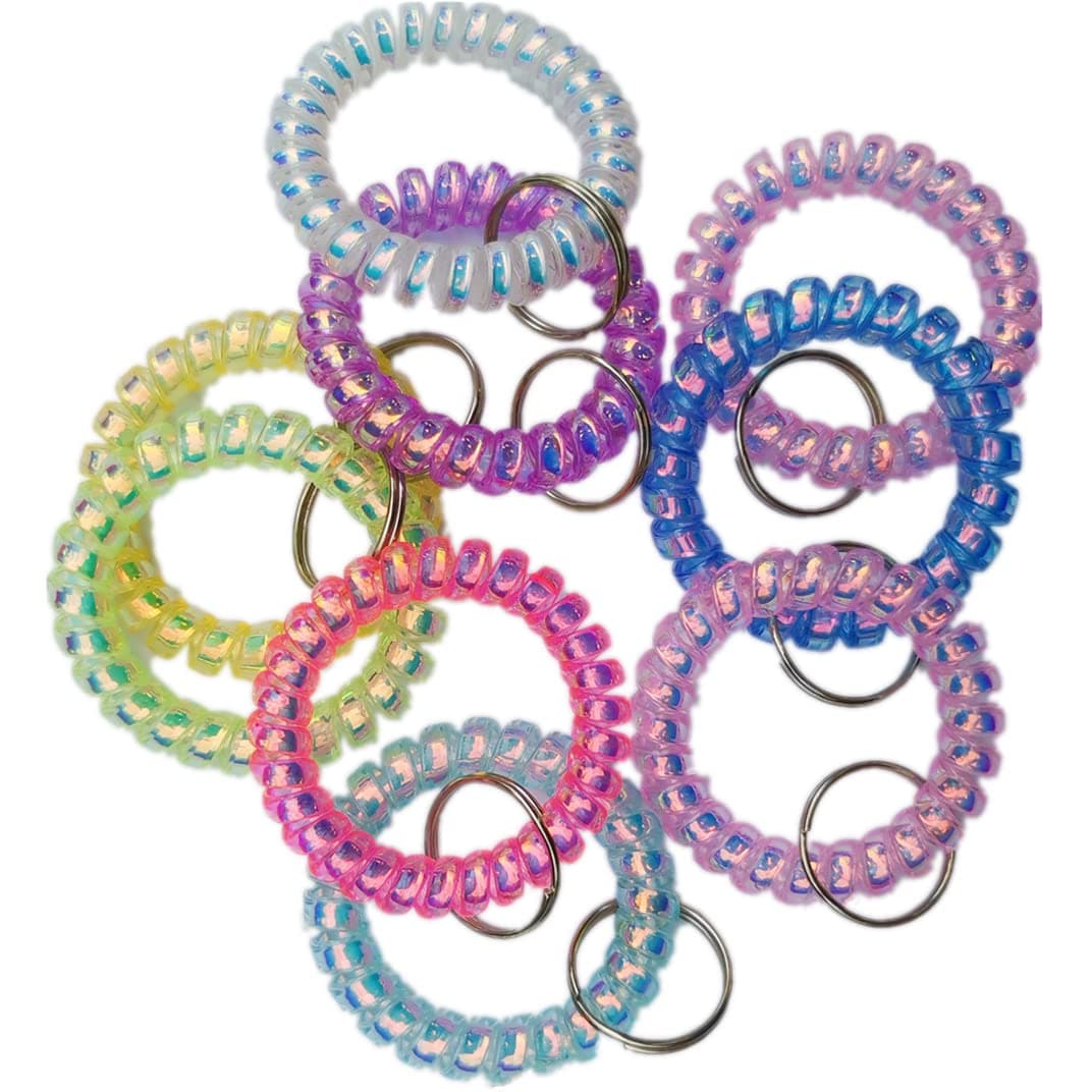 Set of 6 Lovely Smiley Soft Spring Spiral Wrist Coil Band Flexible Plastic Wristband Key Chain Key Ring Holder Tag