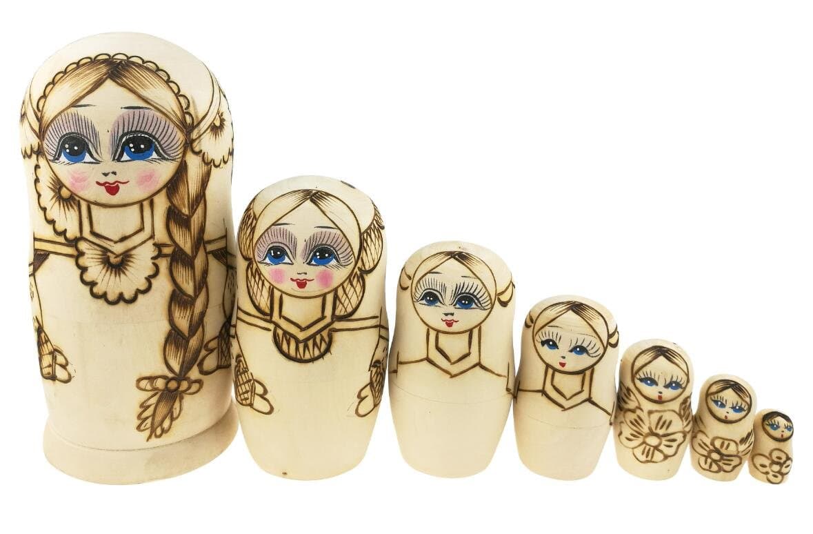 Winterworm Set 7 Pcs Long Braids Girl Matryoshka Dolls Babushka Doll Traditional Russian Nesting Dolls Wooden Stacking Toy Kids Gift