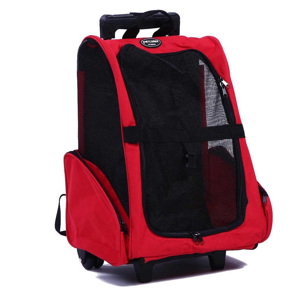 Pettom Pet Rolling Carrier Back Pack Dog Cat Wheel Around Luggage Bag (Red)