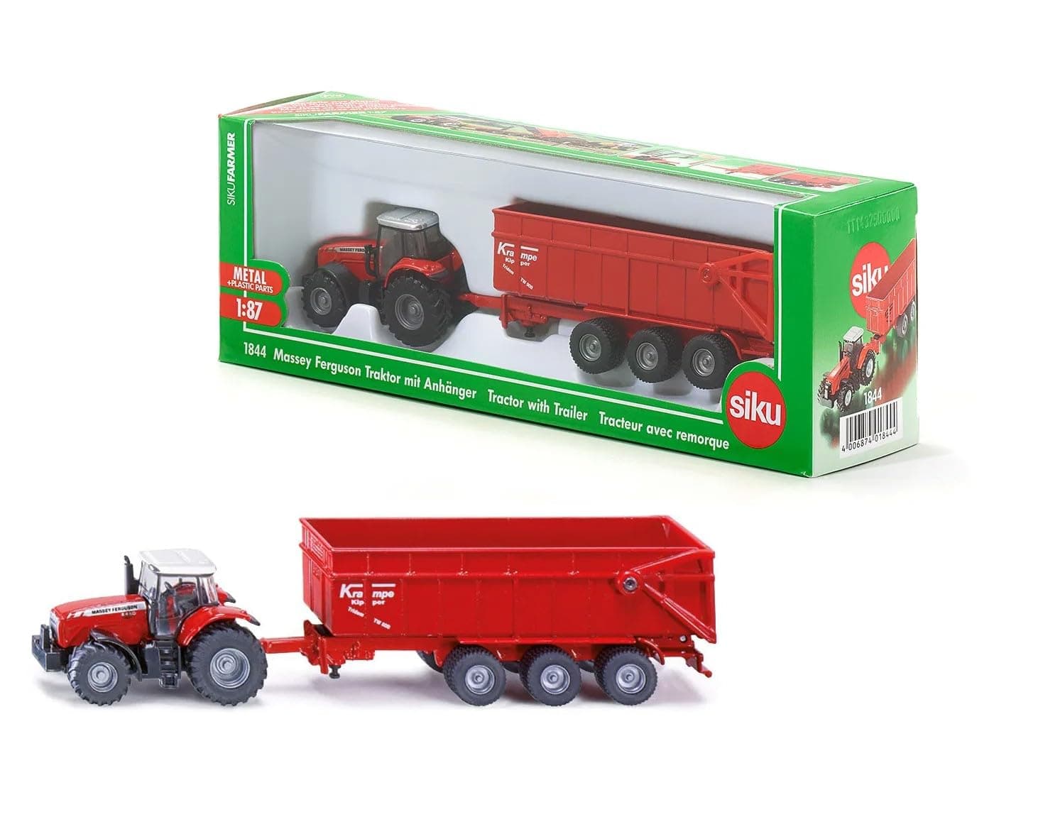 1844, Massey Ferguson Tractor with Trailer, 1:87, Metal,Plastic, Red, Tiltable trailer