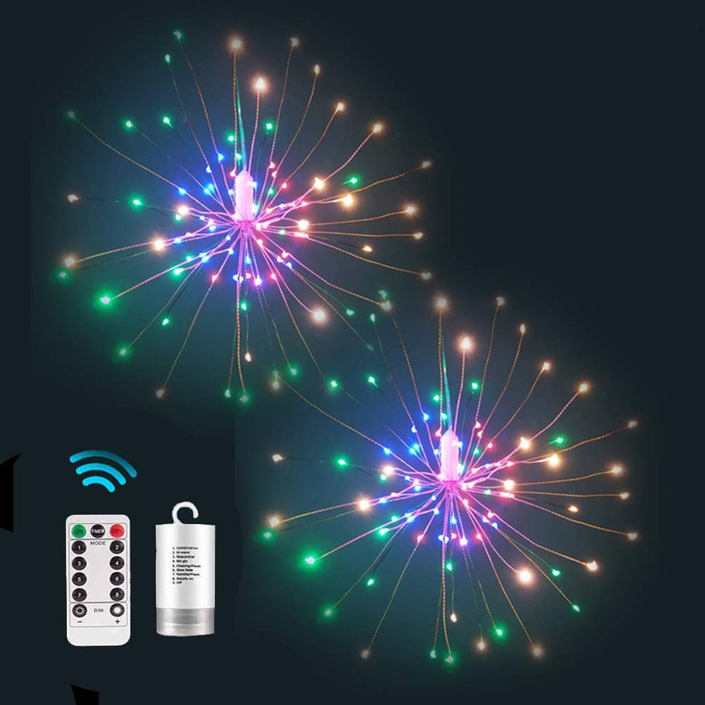 FOOING 2 Pack LED Copper Wire Firework Lights Battery Operated Fairy Lights with Remote,8 Modes Starburst Lights Waterproof,Christmas Decorative Hanging Lights for Party Patio Bedroom (Multicolor)