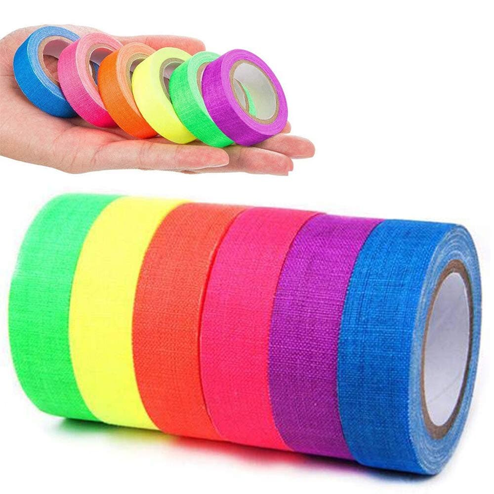 Fluorescent Cloth Tape, Coloured Adhesive Neon Gaffer/Spike/Fabric/Luminous Tapes Matte 6 Colors - Pink Yellow Green etc, UV Blacklight Reactive Glow in The Dark Tape for Party Decoration