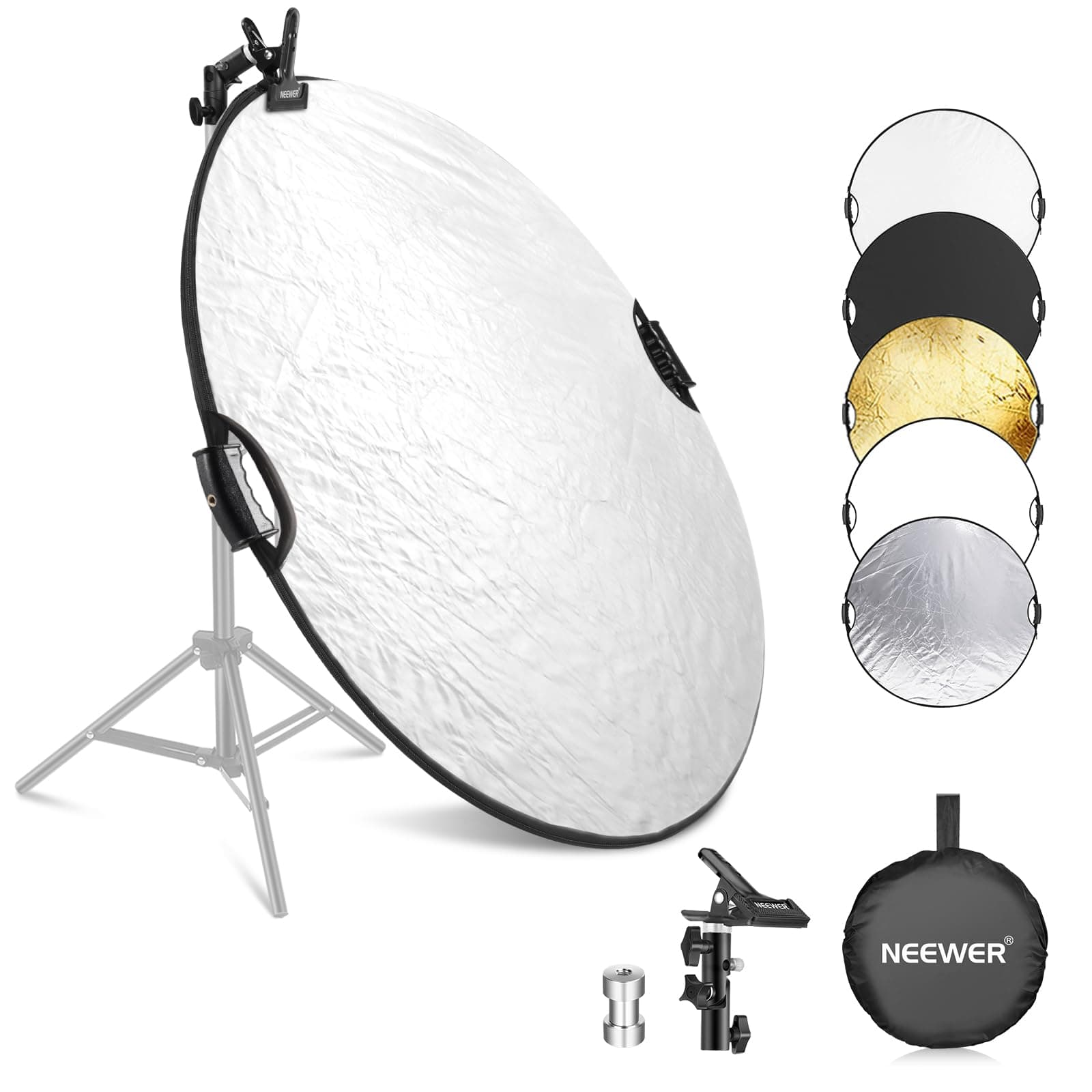 NEEWER 32"/80cm Light Reflector with Clamp & Hand Grips, 5 In 1 Collapsible Multi Disc Photography Reflector Translucent/Silver/Gold/White/Black with 3/8" Thread for Studio Outdoor Lighting, RF-80II