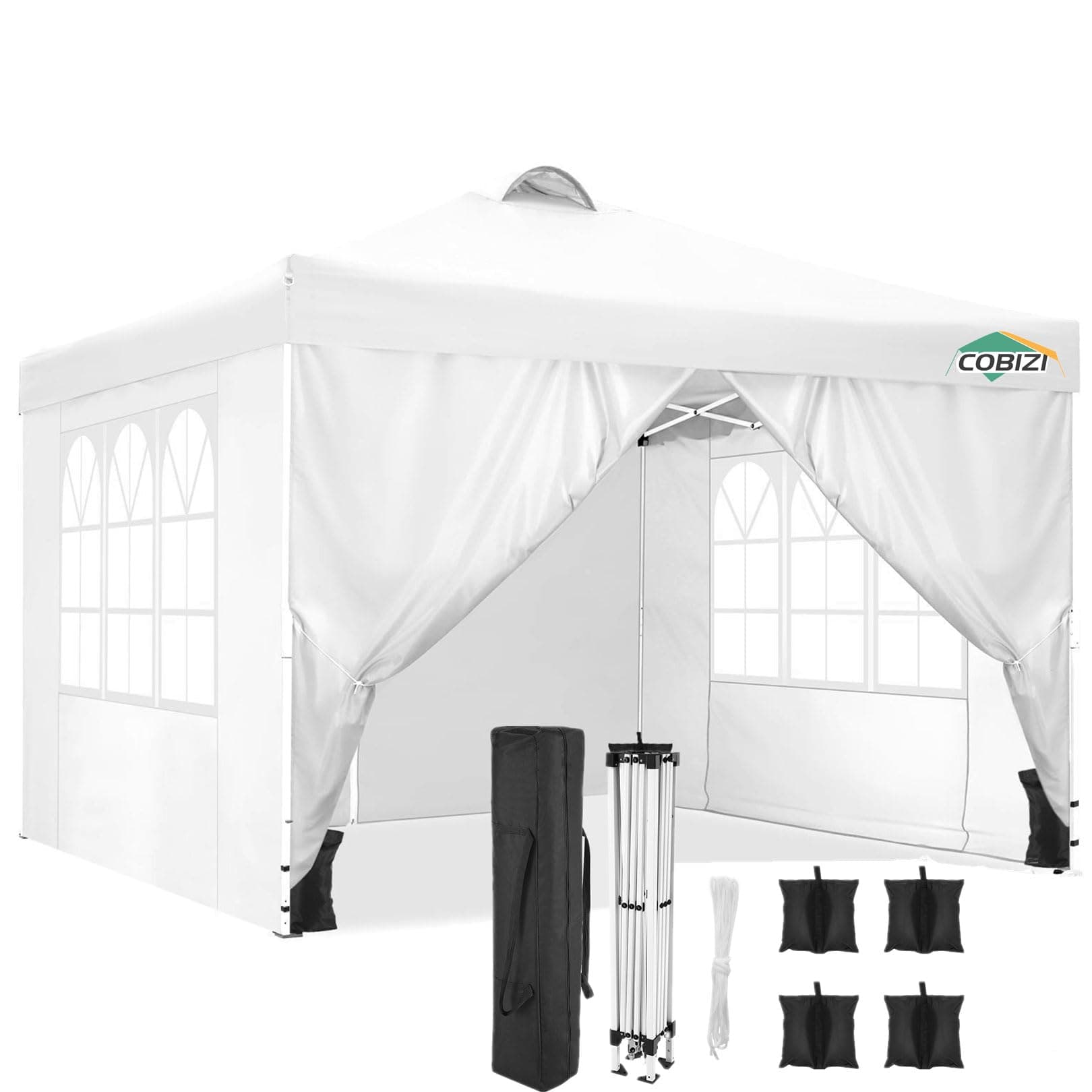 COBIZI Canopy 10'x10' Ez Up Canopy Waterproof Pop up Tent with 4 Removable Sidewalls, Commercial Instant Canopy with Air Vent, 4 Weight Bags, Carry Bag(10x10ft with 4 Sides & 4 Sandbags, White)