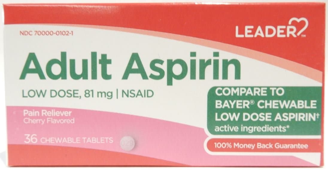 Leader Low Dose Aspirin 81mg Cherry Chewables, 36 Count Per Bottle (6 Pack)