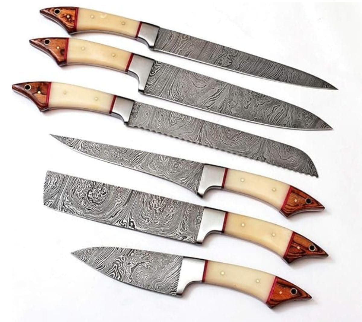 RANDY KNIVES Randy,Custom made damascus steel kitchen/chef's knife set with leather roll bag DR-1061-B-6.