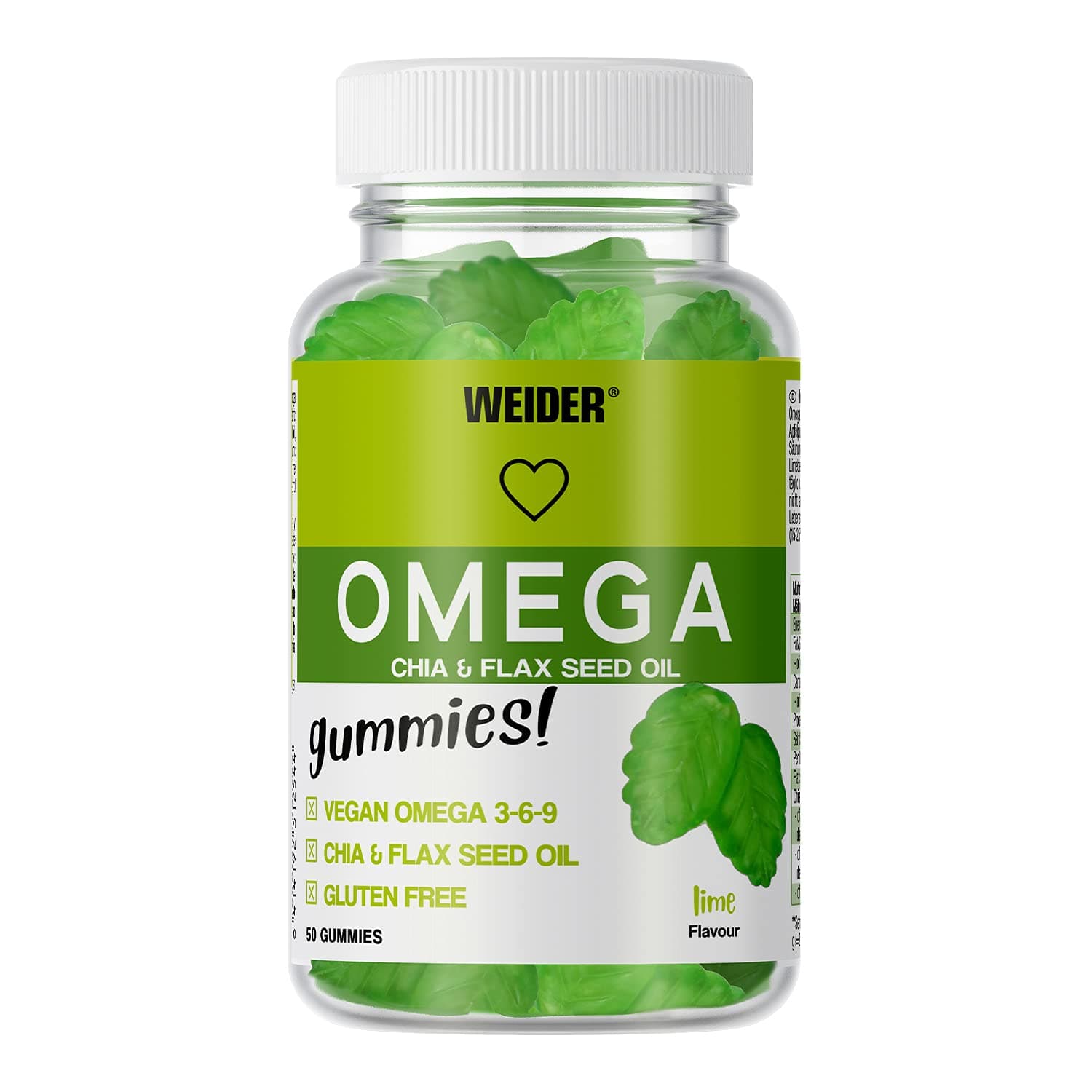 Omega Gummies (50 Gums) Lime Flavour, with Vegan Omega 3-6-9 from chia and lax Seed Oil, Gluten Free, no Added Sugar