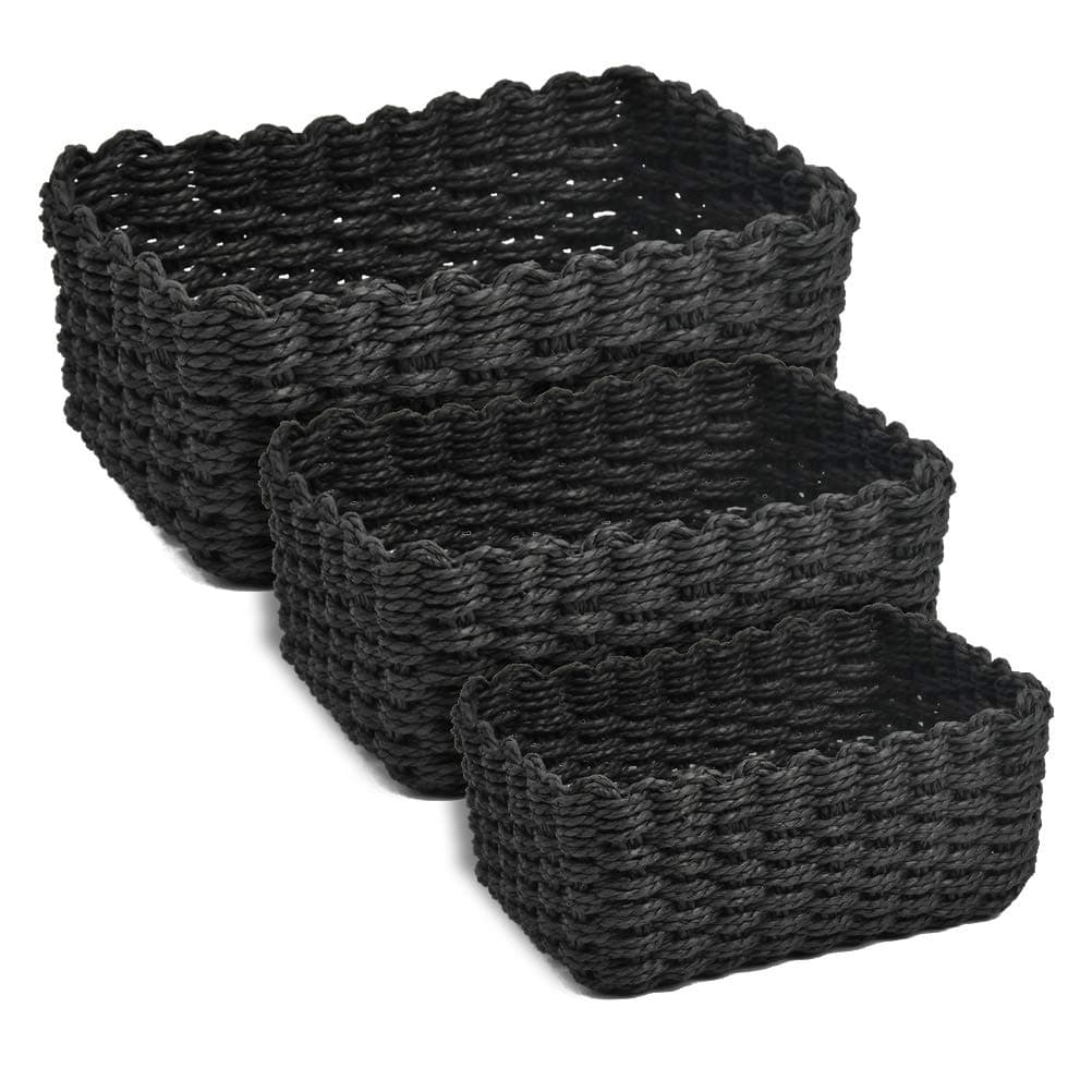 3Pcs Woven Storage Baskets, 3 Sizes Recycled Paper Rope Woven Organizer, Black Paper Storage Basket Braided Multipurpose Organiser Box for Cupboard Drawer Closet Shelf Dresser