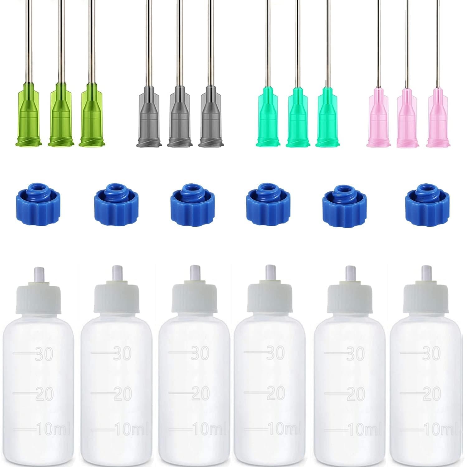 KASTWAVE 6 Pcs Glue Applicator Bottles, 30ml Plastic Squeezable Dropper Bottles with Blunt Needle Tip 14ga 16ga 18ga 20ga for Glue Applications, Paint Quilling Craft and Oil