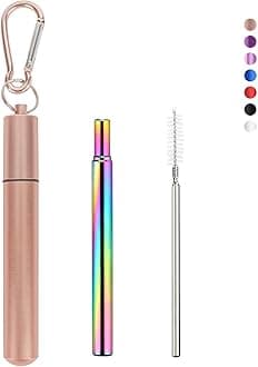 1 Pack Stainless Steel Straws, Reusable Straws, Travel Essentials，Metal Straws Reusable with 1 Aluminum Case, 1 Cleaning Brush, and 1 Keychains, Cruise Ship Essentials(Rose Gold)