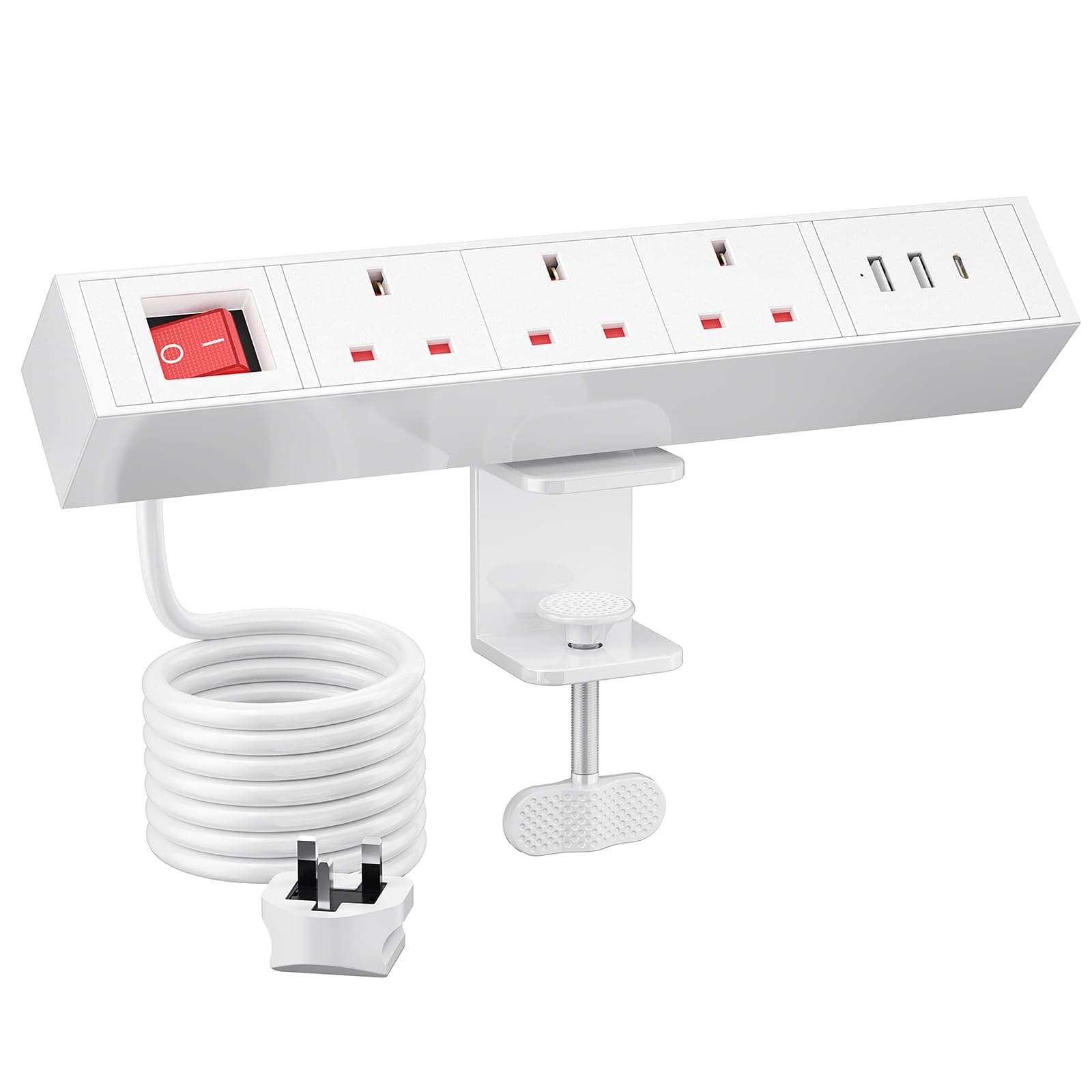 Desk Power Strip Extension Lead with USB C PD20W, 3 Way Desk Clamp Power Socket with Switch, 2M Extension Cable, White