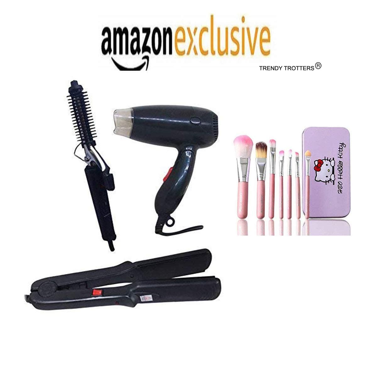 TRENDY TROTTERS Combo Curler, Straightener and Black Dryer with kitty brush - Pack of 4