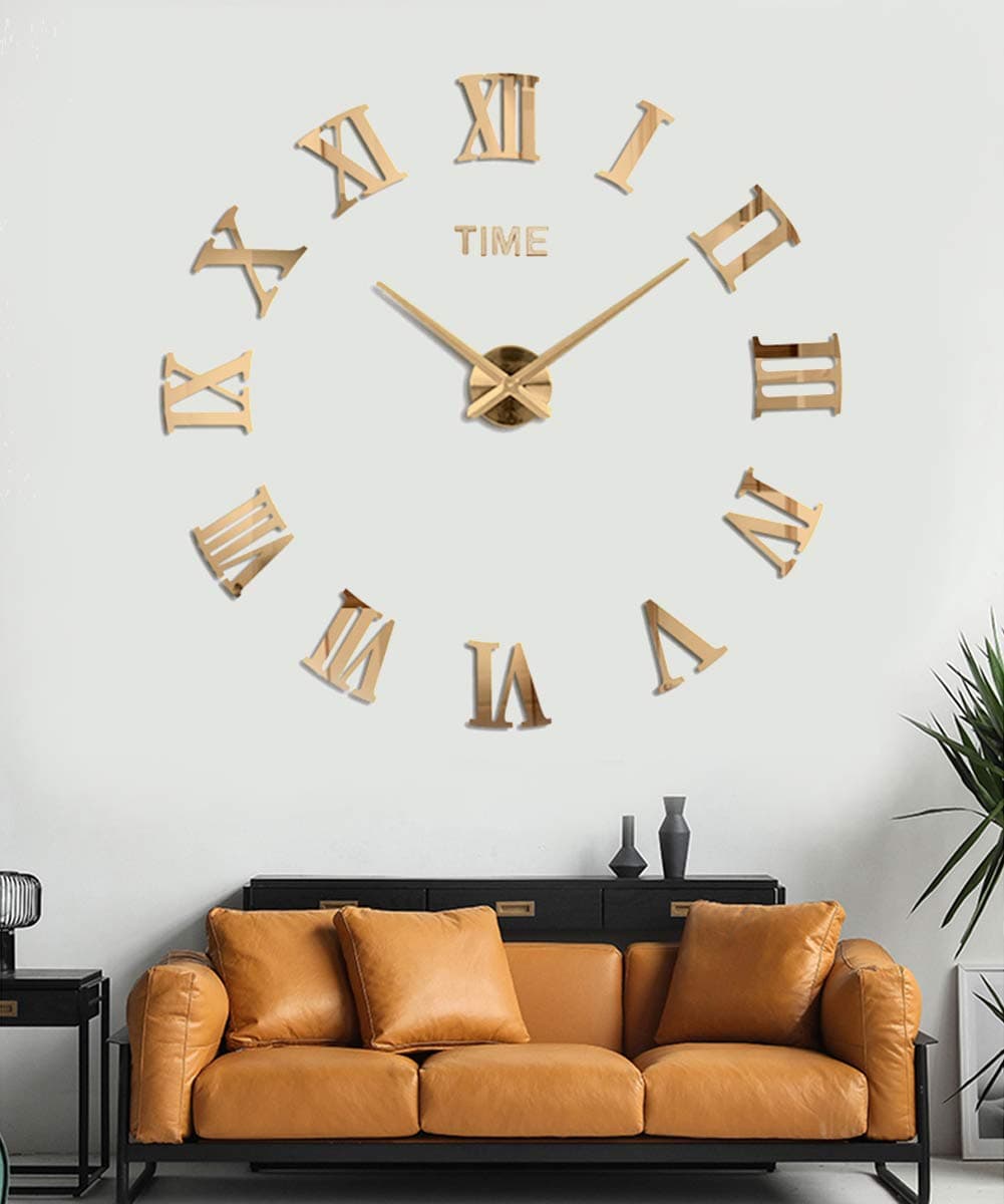SIEMOO Large DIY Wall Clock Kit, 3D Frameless Wall Clock with Mirror Number Stickers for Home Living Room Bedroom Office Decoration-Gold 021