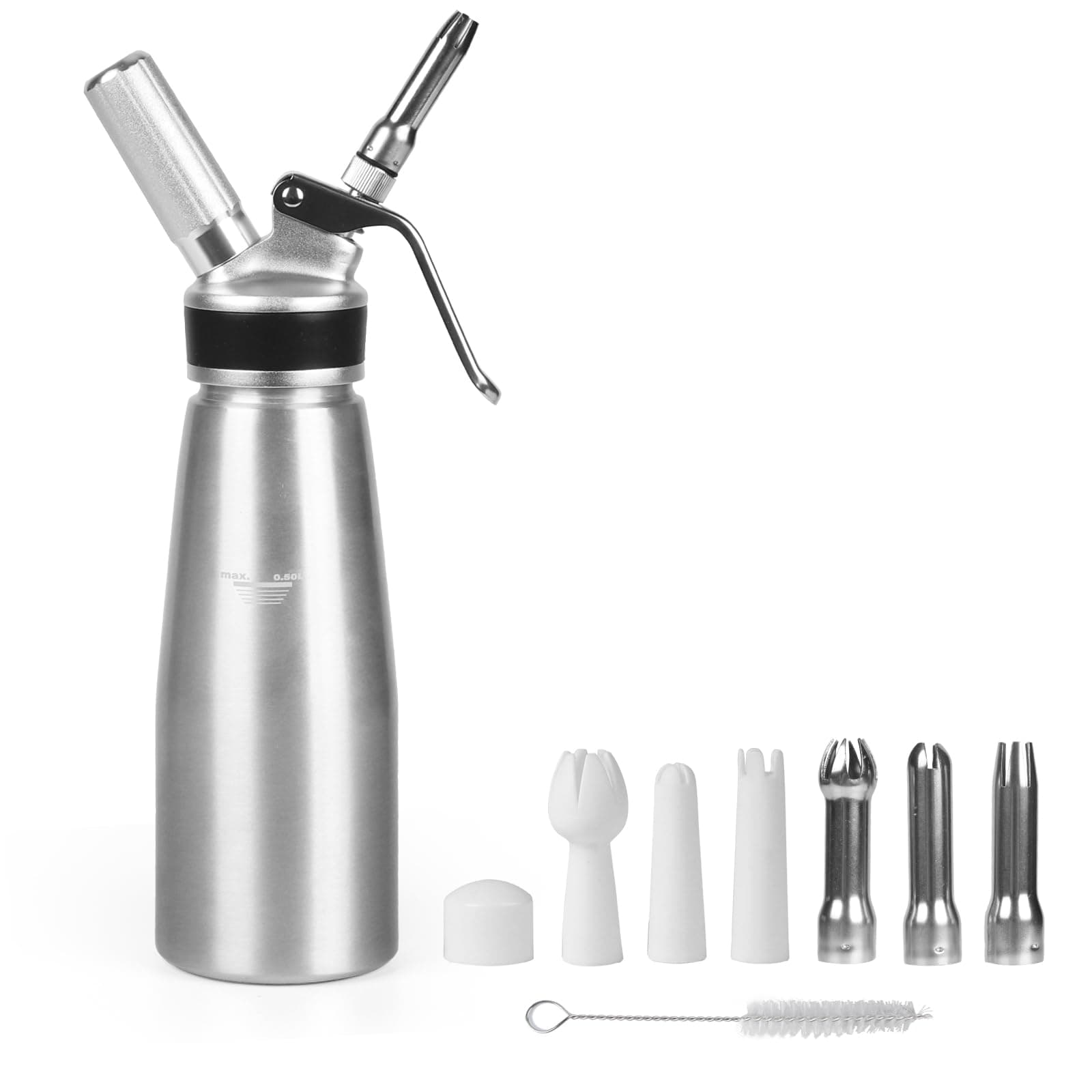 Professional Whipped Cream Dispenser, Aluminum Whipped Cream Maker, 1 Pint/500ml Capacity Cream Whipper Canister with 6 Decorating Nozzles & 1 Cleaning Brush - Homemade Cream Maker