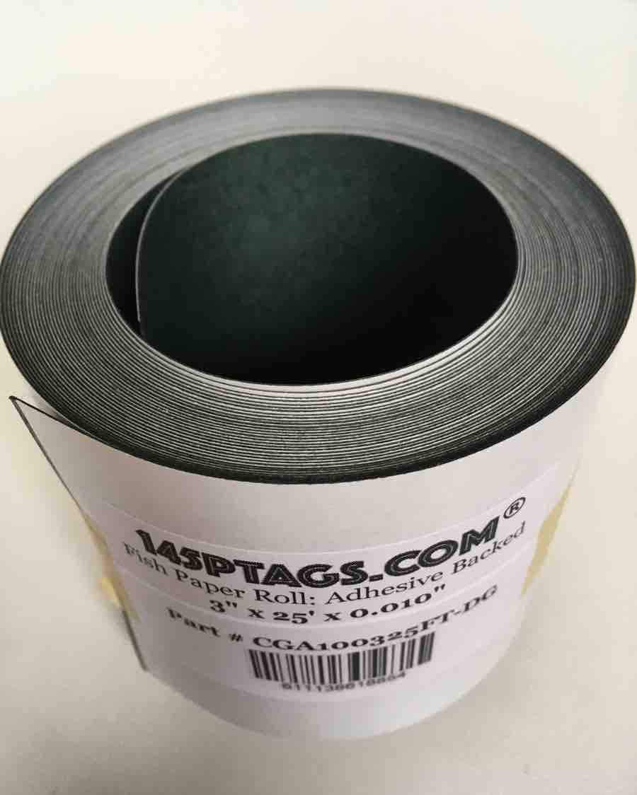145P Tags Adhesive Backed Fish Paper Roll 3" x 25' x 0.010" Dark Grey