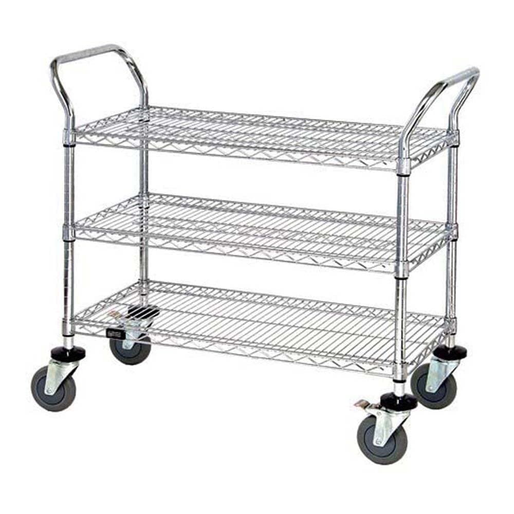 Quantum Storage Systems WRC-1848-3 3-Tier Wire Utility Cart with 3 Wire Shelves, 5" Stem Casters, Chrome Finish, 37-1/2" Height x 18" Width x 48" Length