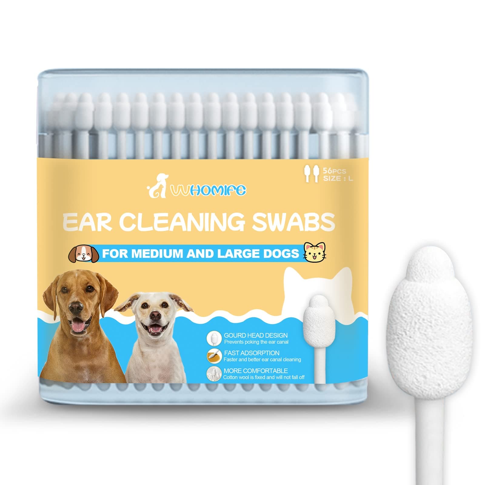 Dog Ear Cleaning Swabs 56pcs– Gourd-Shaped Cotton Tips for Dogs' Ears – Gentle Ear Cleaning Sticks for Oily-Eared Breeds, Pet Grooming, Bathroom or Travel Use