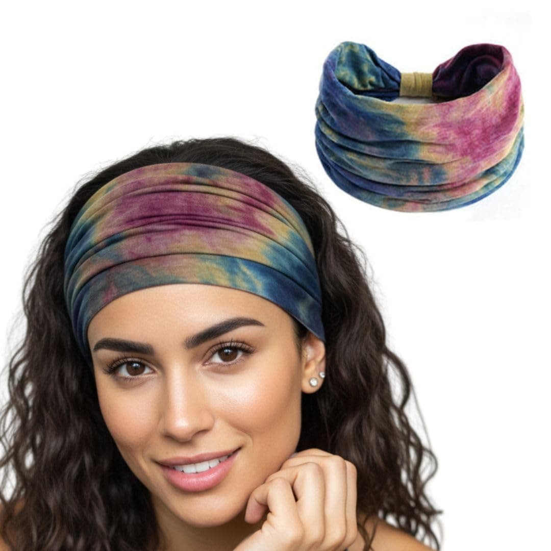 XFYT Boho Chic Tie-Dye Workout Hair Bands | Sweat-Proof Your Gym Fitness Soft Wide Head Band Running Yoga Sports Bandana for Girls Women (Mix Boho), Multi-coloured, Microfiber
