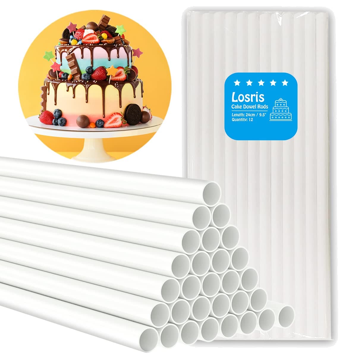 White Plastic Cake Dowel Rods for Tiered Cake Supports 0.4 Inch Diameter Cake Sticks for Stacking Round Cake Straws (9.5inch-12pieces)