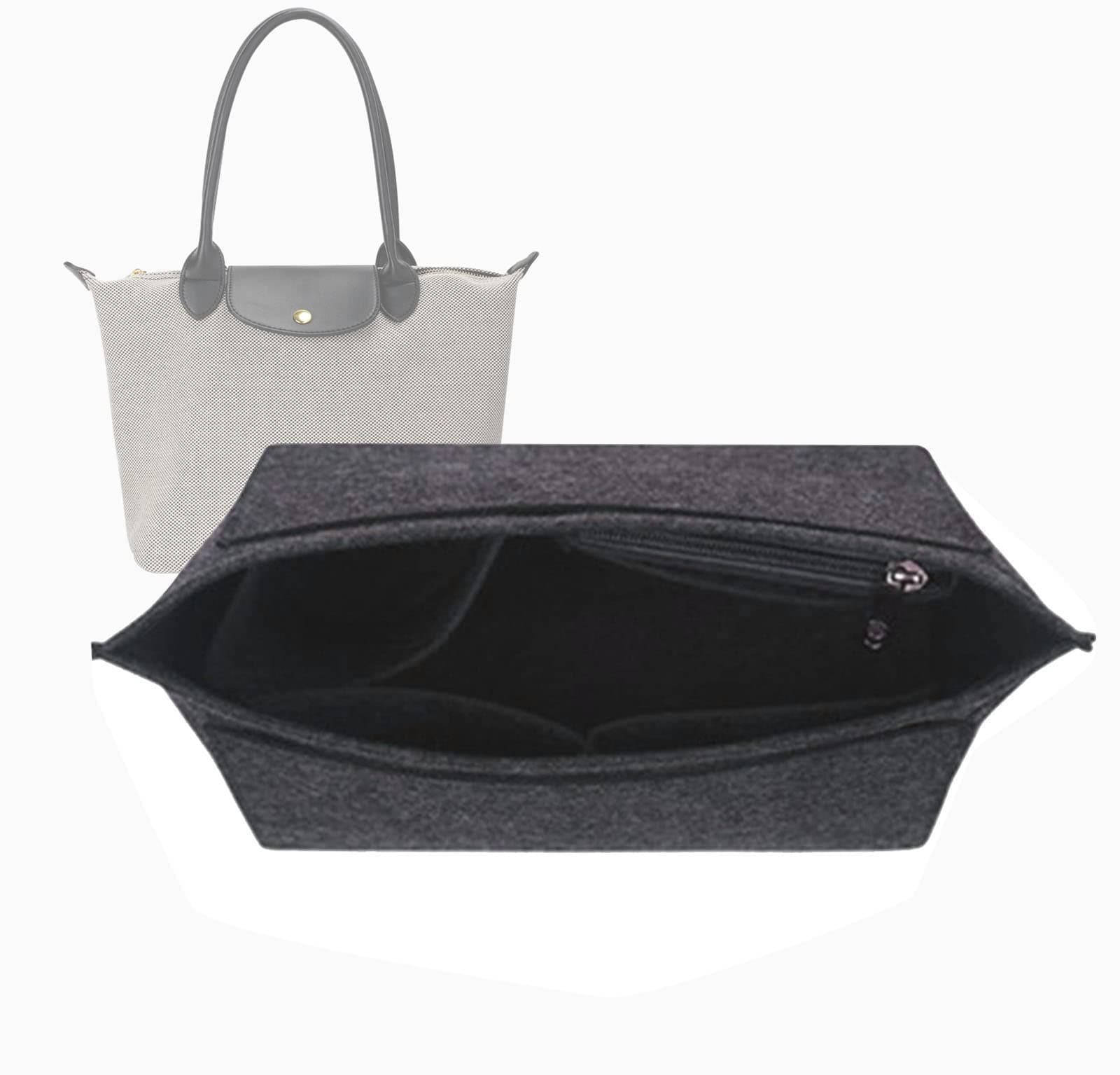 Lckaey tote bag organizer insert for Longchamp le pliage large tote insert felt purse zipper bag organizer 1028dark grey-L