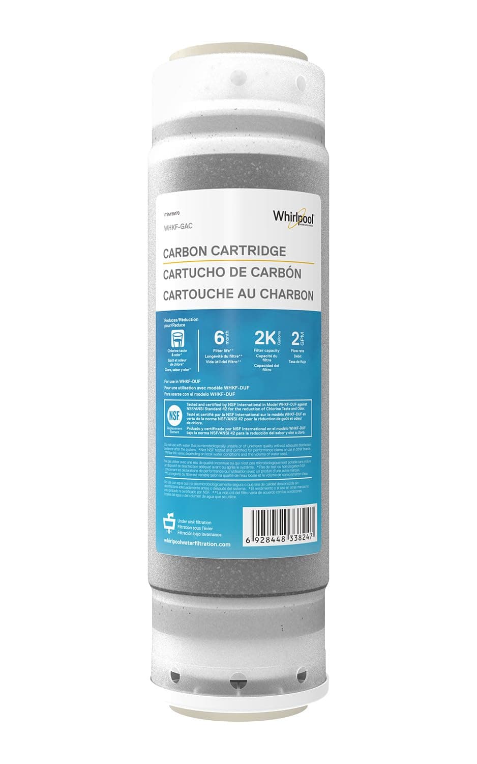 Whirlpool Granular Activated Carbon 10" x 2.5" Replacement Water Filter WHKF-GAC, Reduces Chlorine, Bad Taste & Odor, Use with Home Under Sink Drinking Water Filtration or Reverse Osmosis System