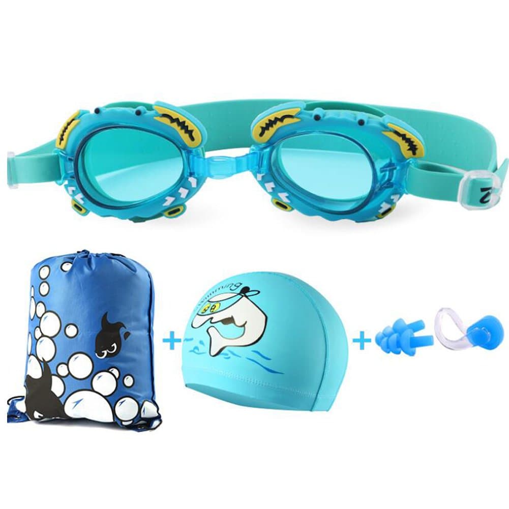 Kids Swim Goggles Set with Anti Fog UV Protection Swimming Goggles Swim Cap and Ear Plugs Nose Clip Swimming Equipment for Youth Kids Boys Girls (Lake Blue, One Size)