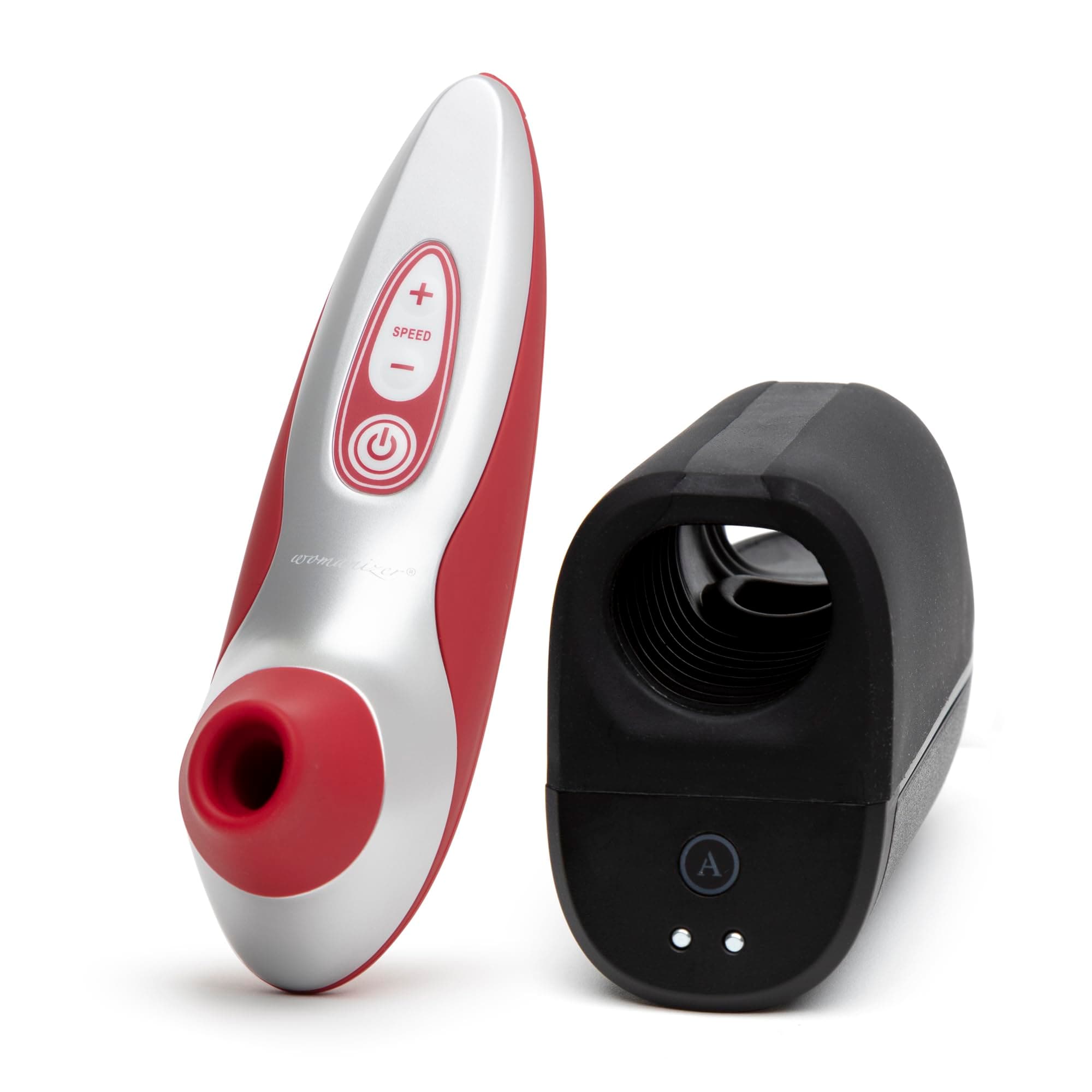 WomanizerPro40 Red Pleasure Air Clitoris Sucker & Arcwave Ion Pleasure Air Male Masturbator - All About Us Couples Sex Toys Bundle