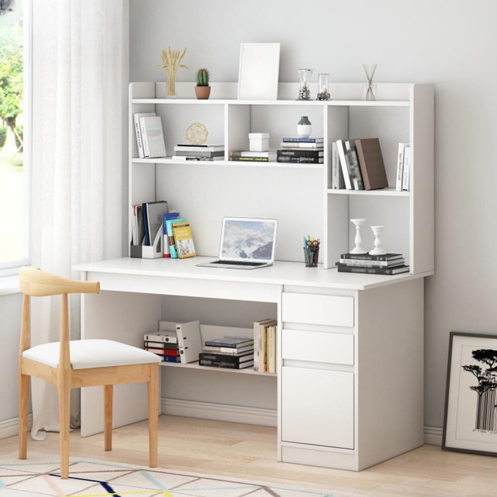 LITFAD Modern Computer Desk Work from Home Desk with Hutch, Bookcase and Integrated Cable Management, Rectangular Wood Office Desk 3 Drawers, White 47" L x 16" W x 56" H