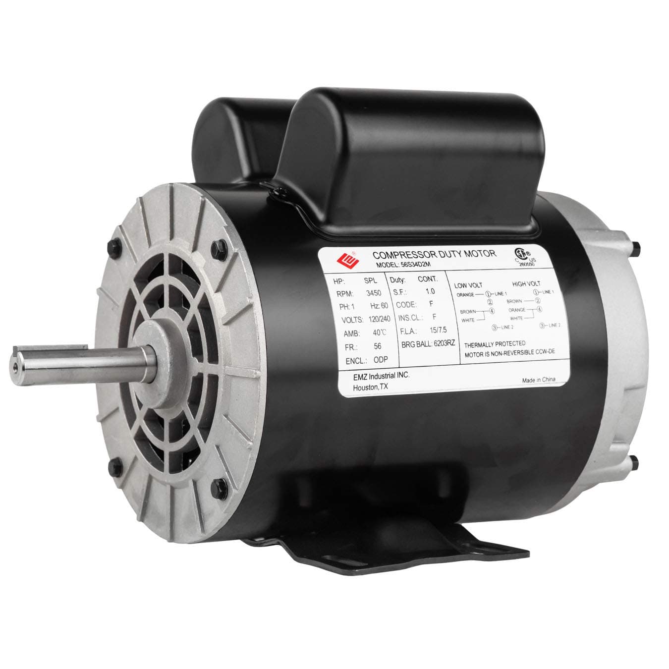2 HP SPL 3450 RPM, 56 Frame, 120/240V, 15/7.5Amp 5/8" Shaft, Single Phase NEMA Air Compressor Motor - EM-02