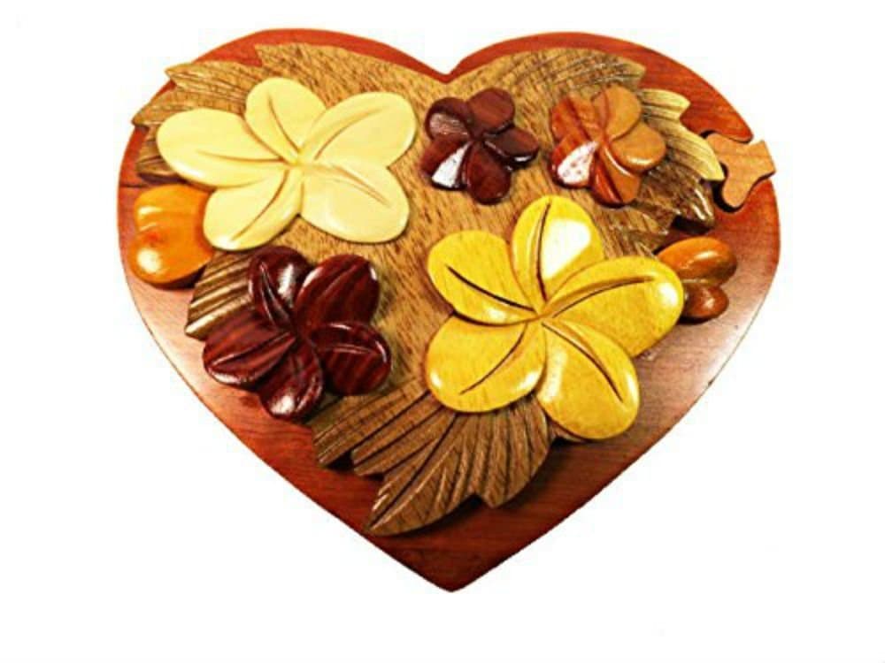 Handmade Art Intarsia Wooden Puzzle Box-Heart Shaped Flower Patched(198)