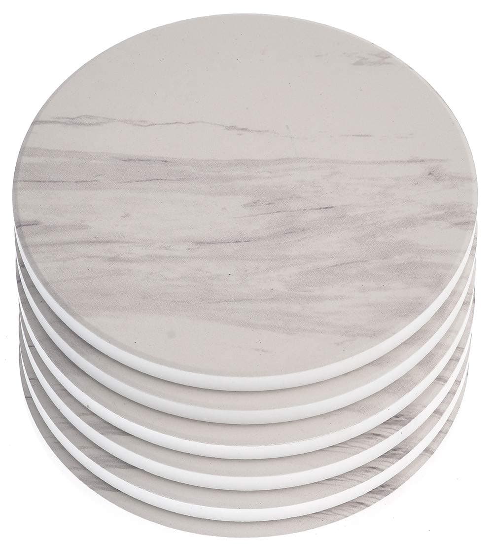 AlphaAcc Absorbent Ceramic Coasters for Drinks Large Size 4.2" in Diameter - Great Gift for Home White Marble Design with Cork Back Coasters Protection from Drink Rings,Pack of 6