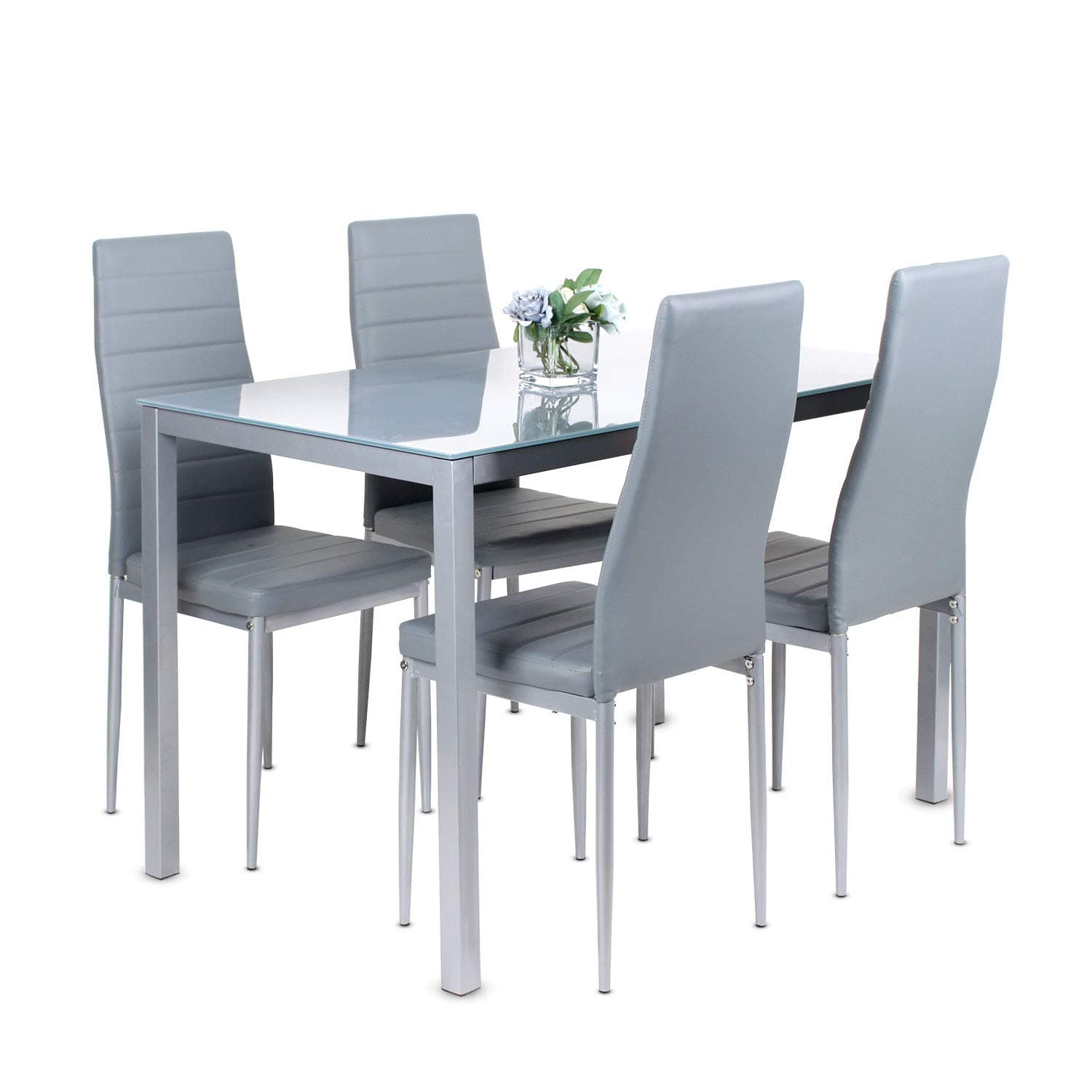 Dining Table and Chairs Set 4, 120cm Glass Table and 4 Faux Leather Padded Chairs, Dining Room Furniture, Grey