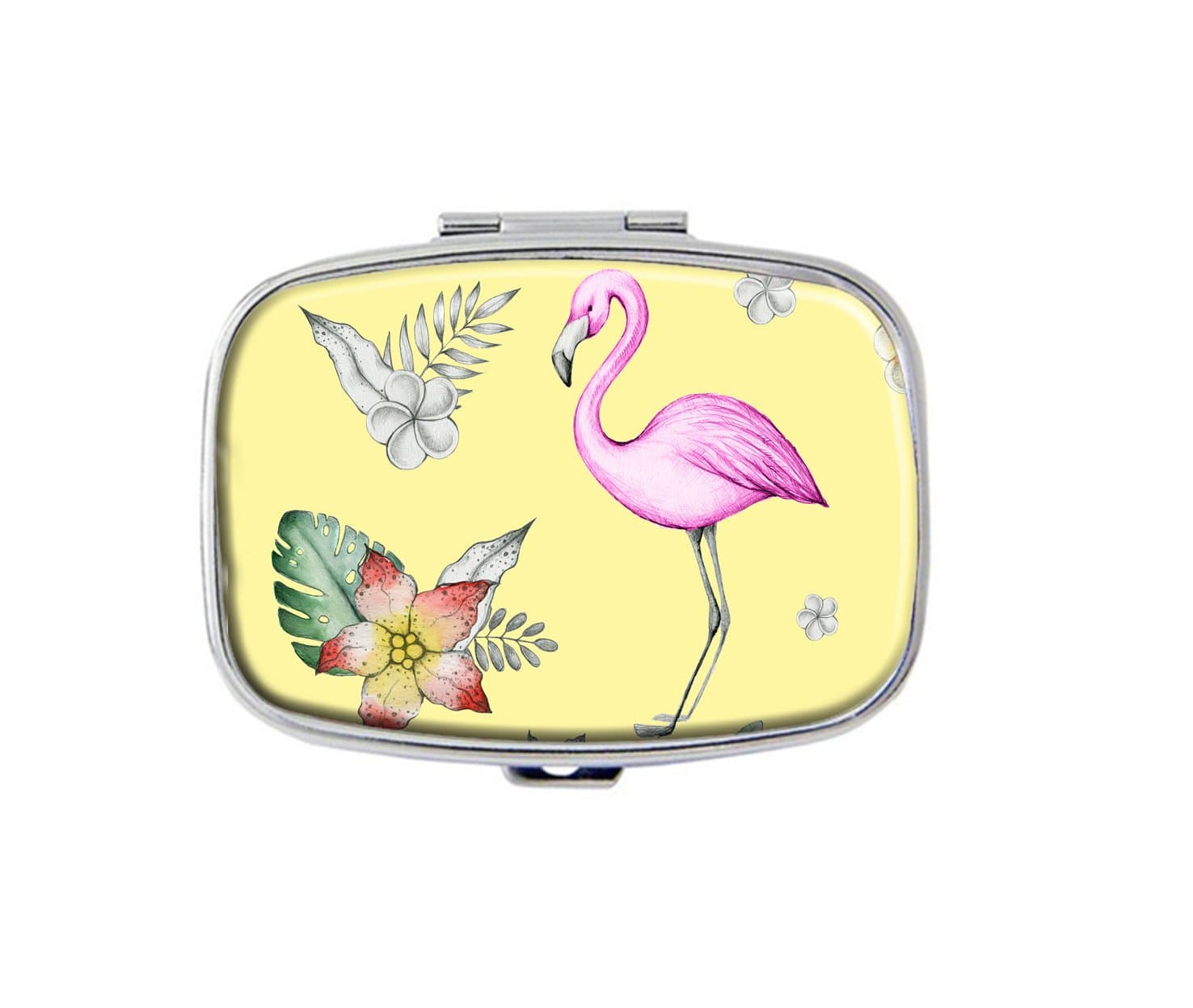Custom Fashion Rectangular Pill Box Medicine Tablet Holder Wallet Organizer Pocket Case (Tropical Flamingo Palm Leaves Flowers)