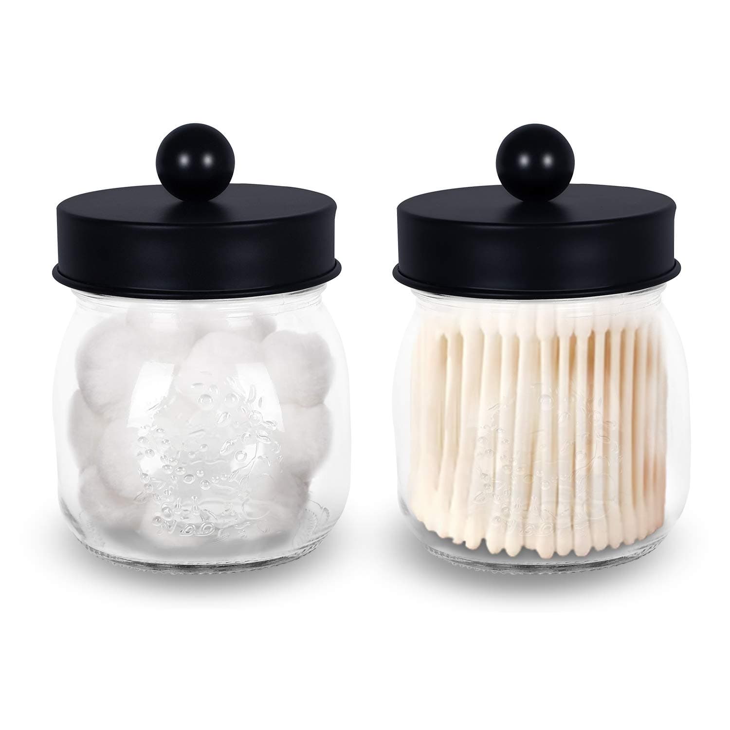 Mrs.keng Bathroom Vanity Apothecary Jar Sets,Vanity Storage Organizer Canister,for Cotton Swabs-Bath Salt-Rounds, Rustic Vanity Organizer with Black Stainless Steel Lids(2 Pack)