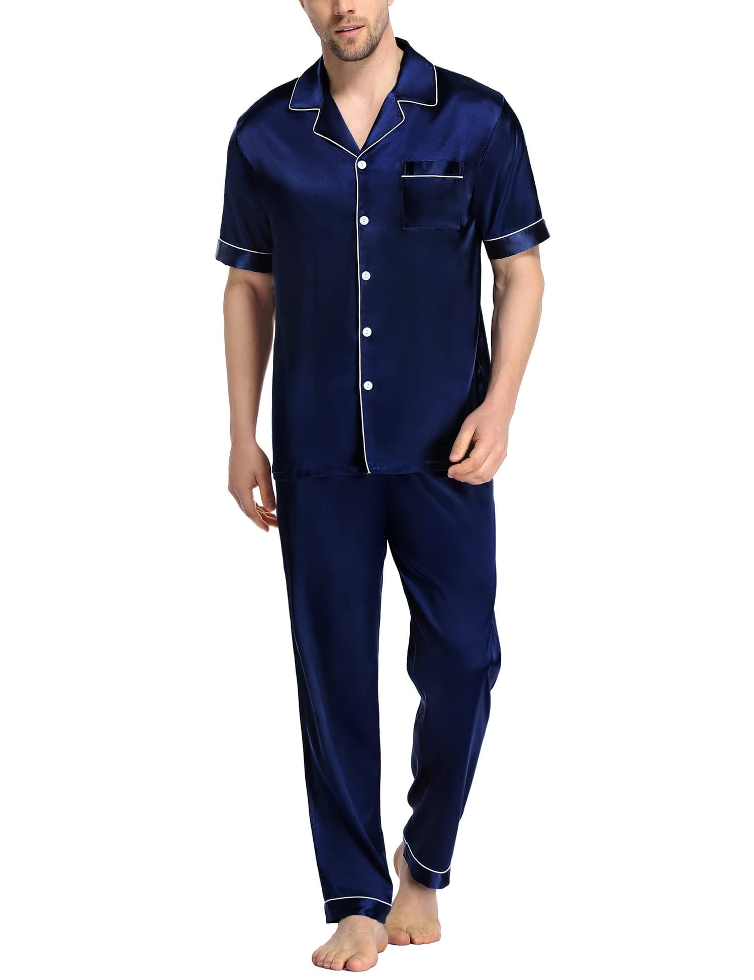 Mens Satin Pajama Set Short Sleeve Classic Sleepwear Button Down Silky Loungewear with Long Pants