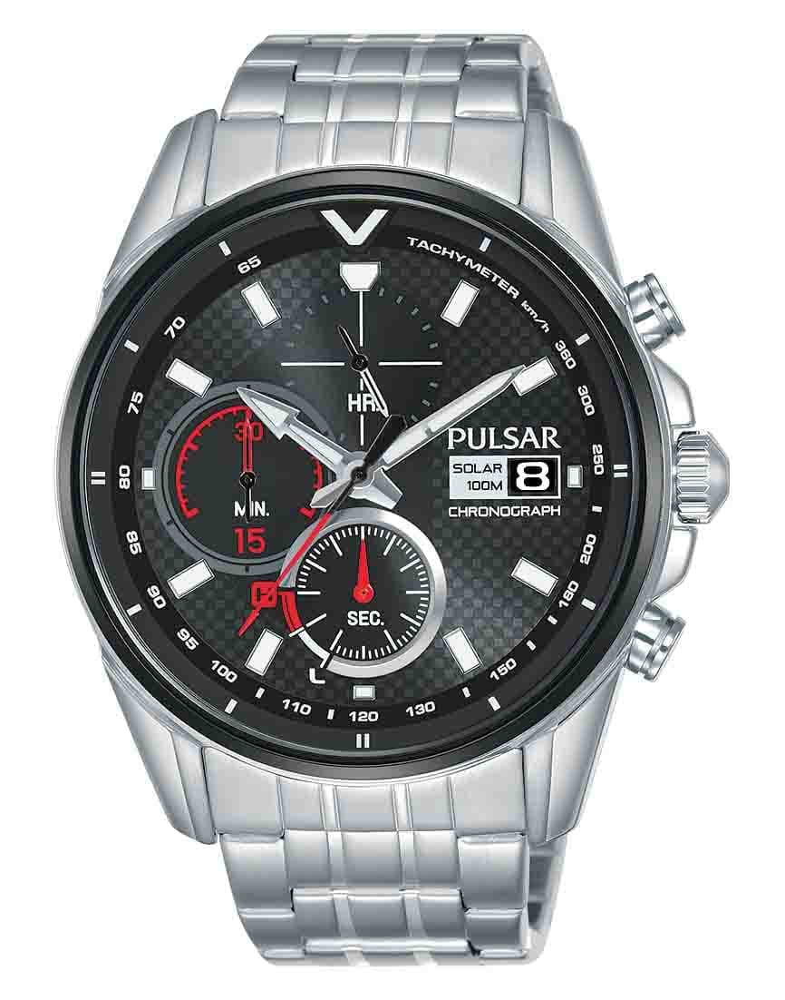 Seiko UK Limited - EU Men's Analogue Japanese Quartz Pulsar Solar M Sport Chronograph Watch with Stainless Steel Bracelet with Stainless Steel Strap PZ6027X1, Black, bracelet