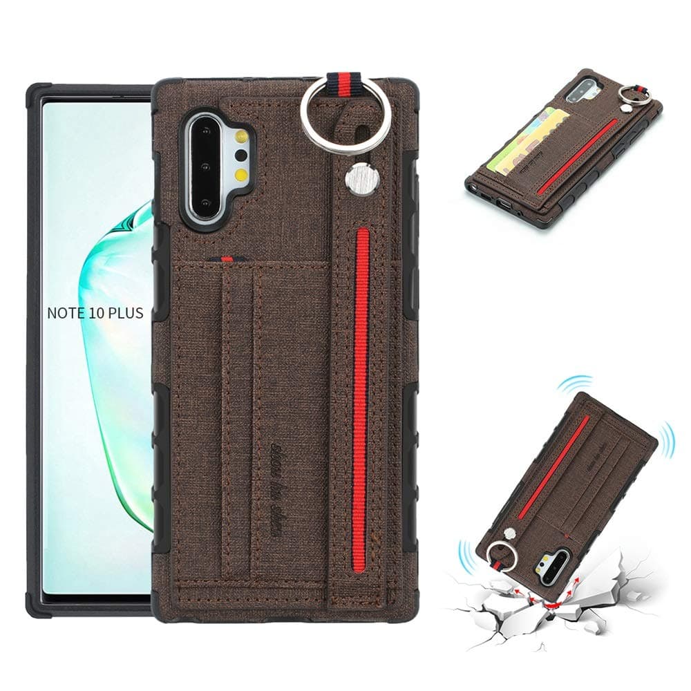 HuiFlying Galaxy Note 10 Plus Case, PU Leather Shockproof Wallet Case [Credit Card ID Holders] Adjustable Wrist Strap Hand Strap Stand Back Cover TPU for Samsung Galaxy Note 10+/Note 10+ 5G (Brown)