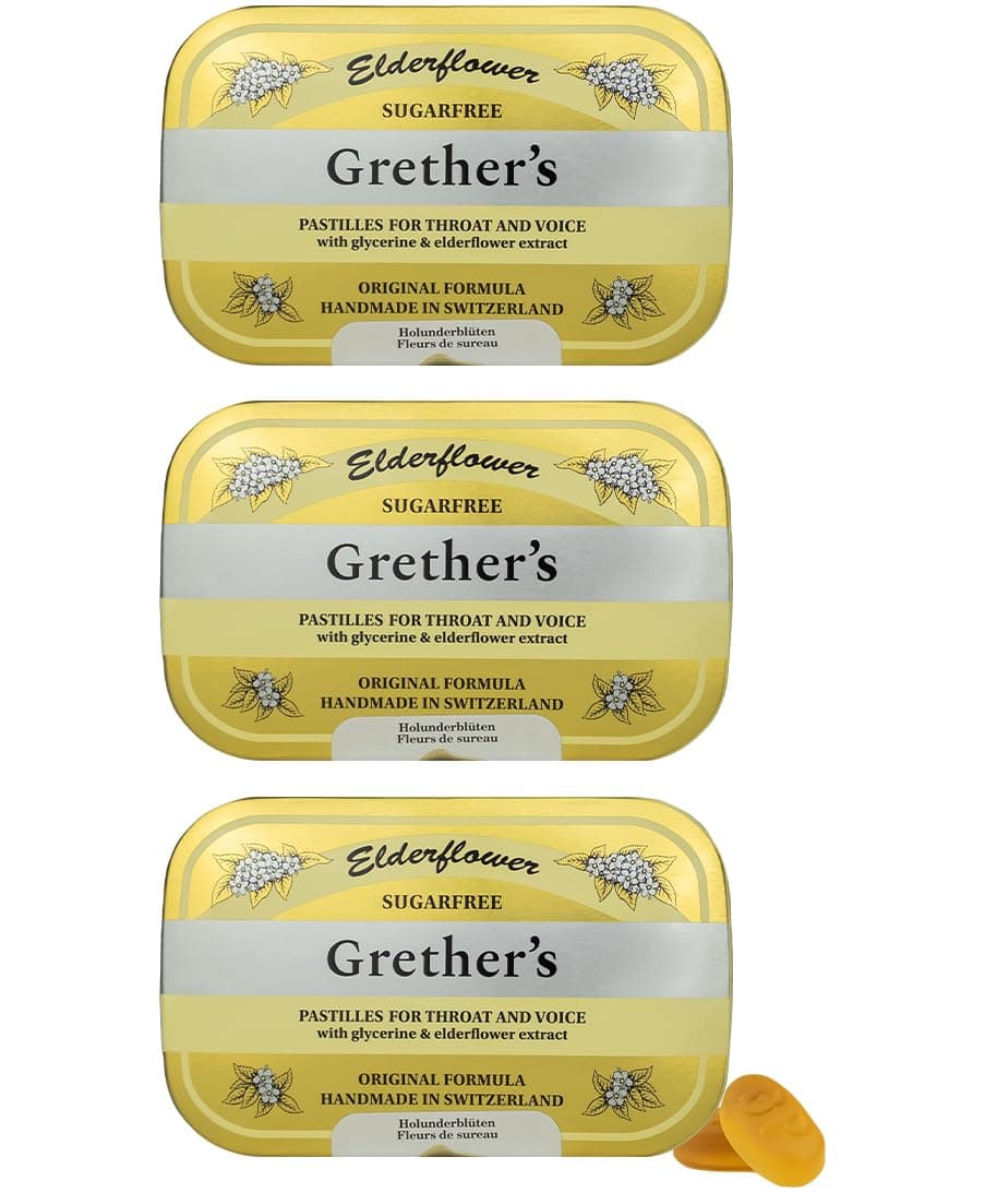 GRETHER'S Sugarfree Elderflower Pastilles – Premium Swiss Throat Lozenges for Dry Mouth & Throat Comfort – Intense Fruit Flavor – Gluten & Lactose Free – Gift for Singers – 2.1 oz, 3 Pack
