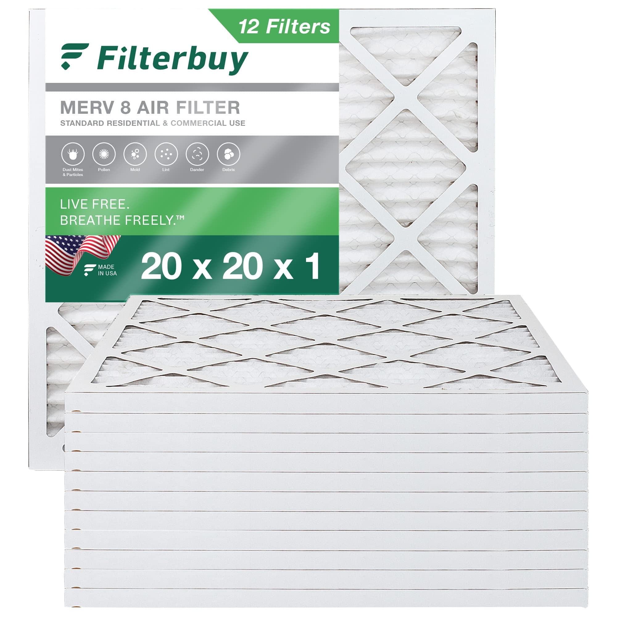 FilterBuy20x20x1 Air Filter MERV 8 Dust Defense (12-Pack), Pleated HVAC AC Furnace Air Filters Replacement (Actual Size: 19.50 x 19.50 x 0.75 Inches)