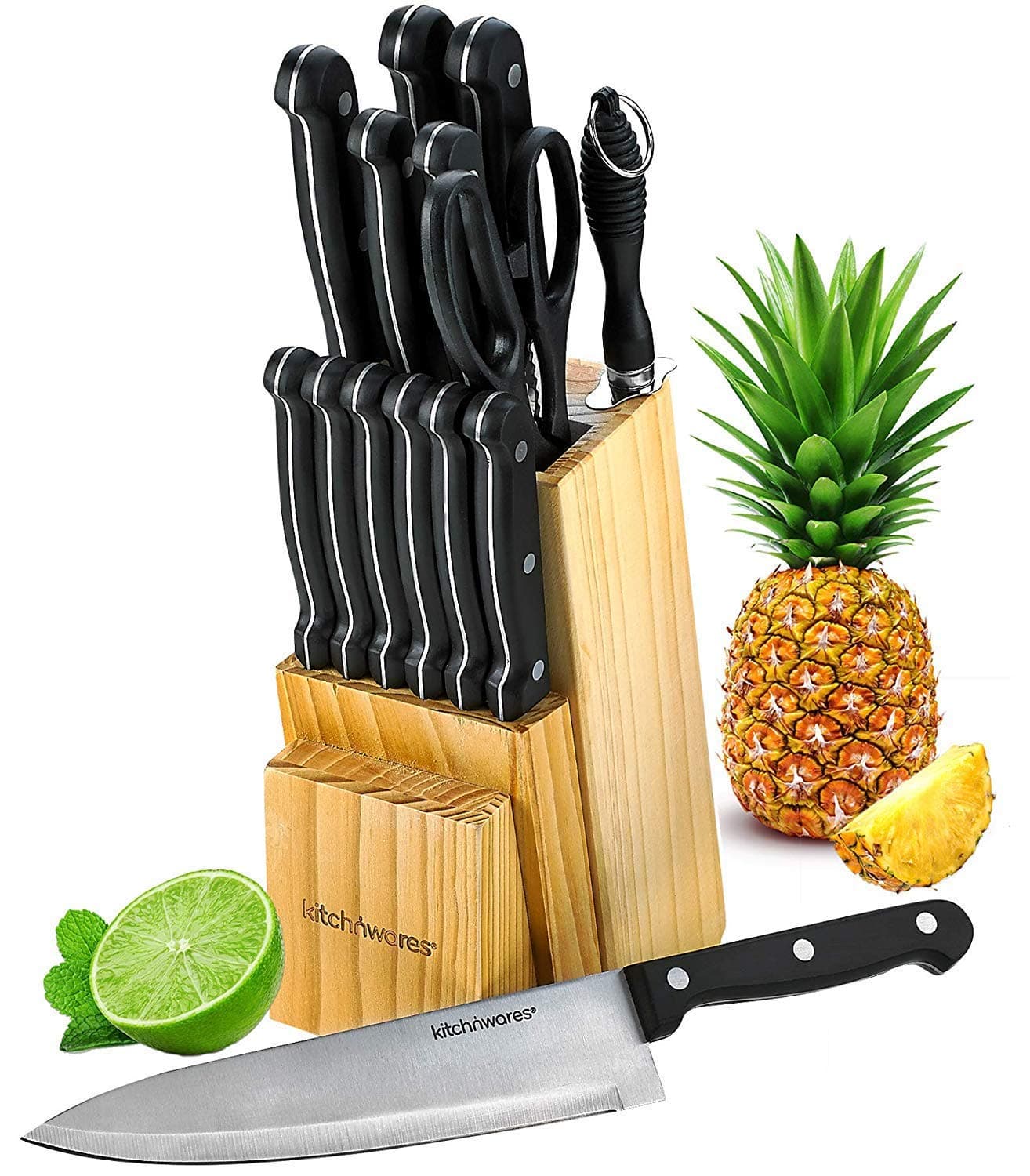 Kitch N' Wares 15-Piece Knife Set with Wooden Block - Includes Chef, Bread, Carving, Utility, Paring, Steak, Boning Knives, Scissors and Knife Sharpener