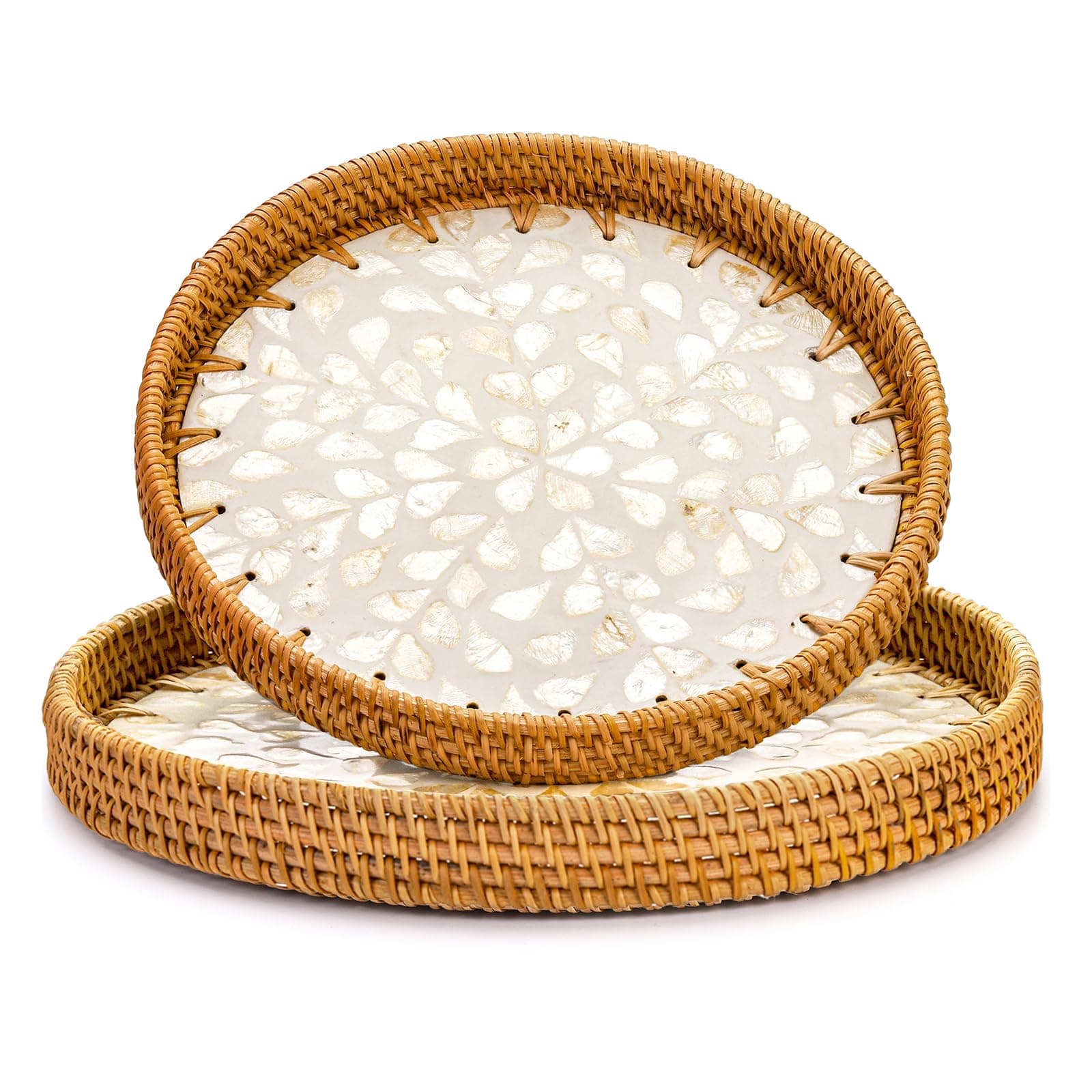 Frcctre 2 Pack Round Rattan Tray with Mother of Pearl Inlay, Rattan Serving Tray with Wooden Base, Decorative Wicker Basket for Bread Fruit Food Coffee Breakfast, Storage and Display, 2 Sizes