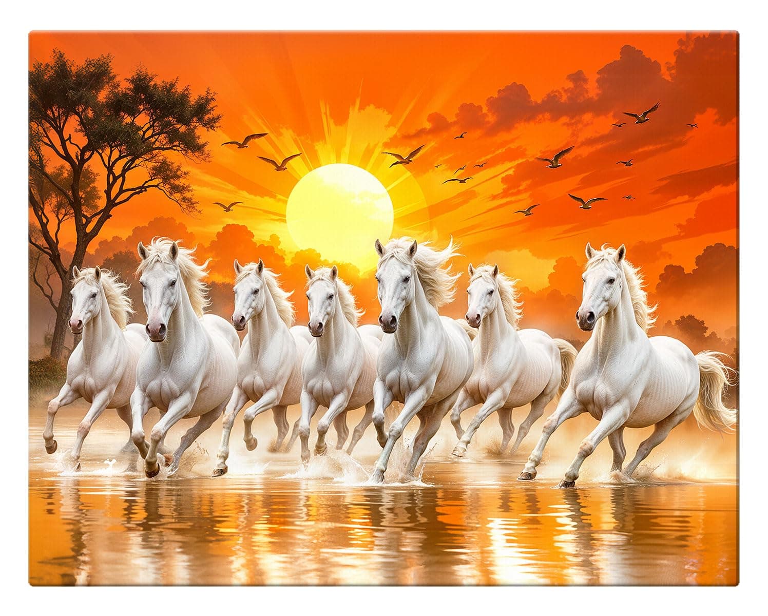 Canvas Big Size 7 Horses Vastu Frame Wall Art Painting, White Running Horses On Water Painting Vastu Rising Sun Wall Decor, Multicolor, Nature, 58.0 X 45.0 cm, Set of 1