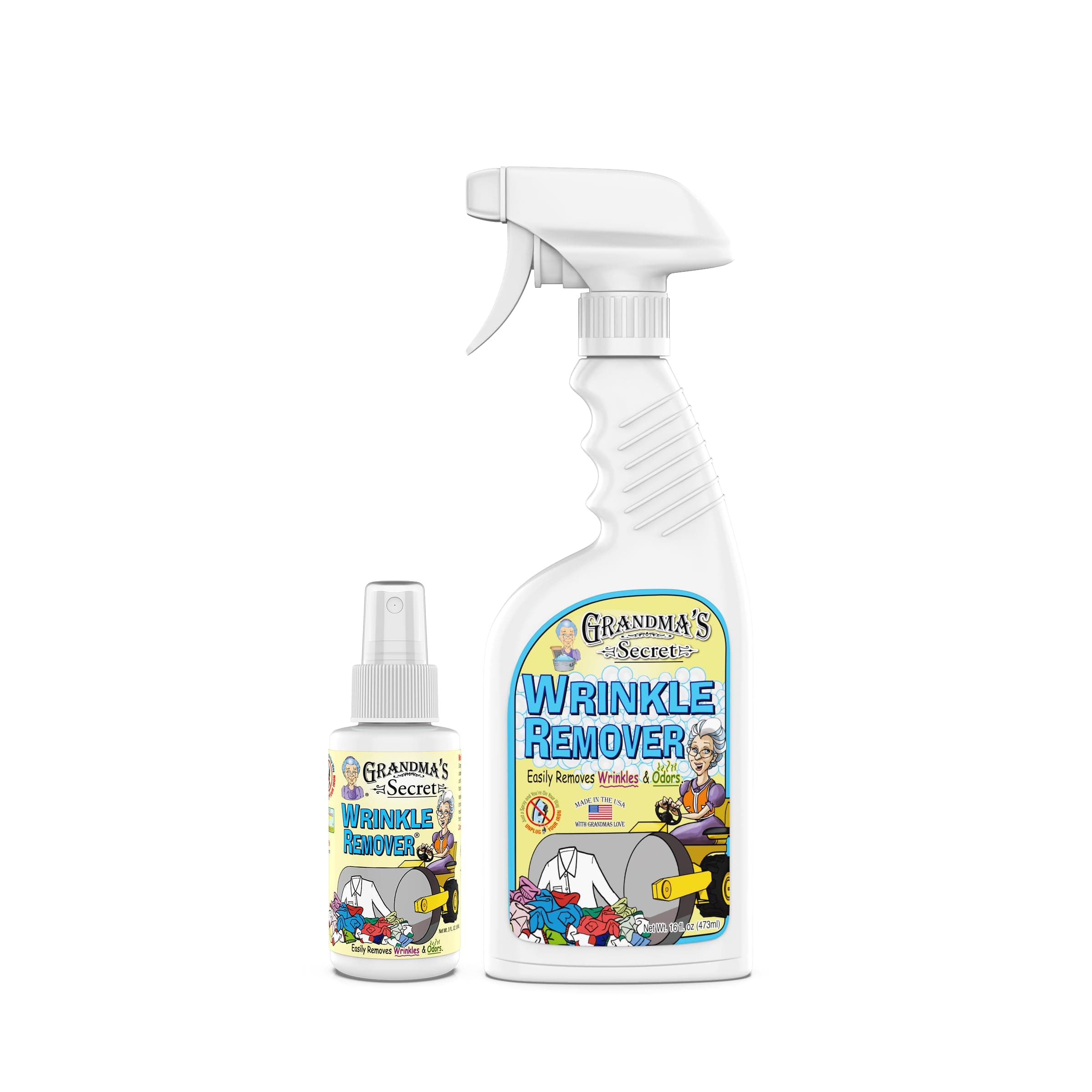 Wrinkle Remover - Wrinkle Release Spray, Odor Eliminator, and Fabric Refresher Spray - Chlorine and Bleach Free - 16 oz & 3 oz Travel Size Combo