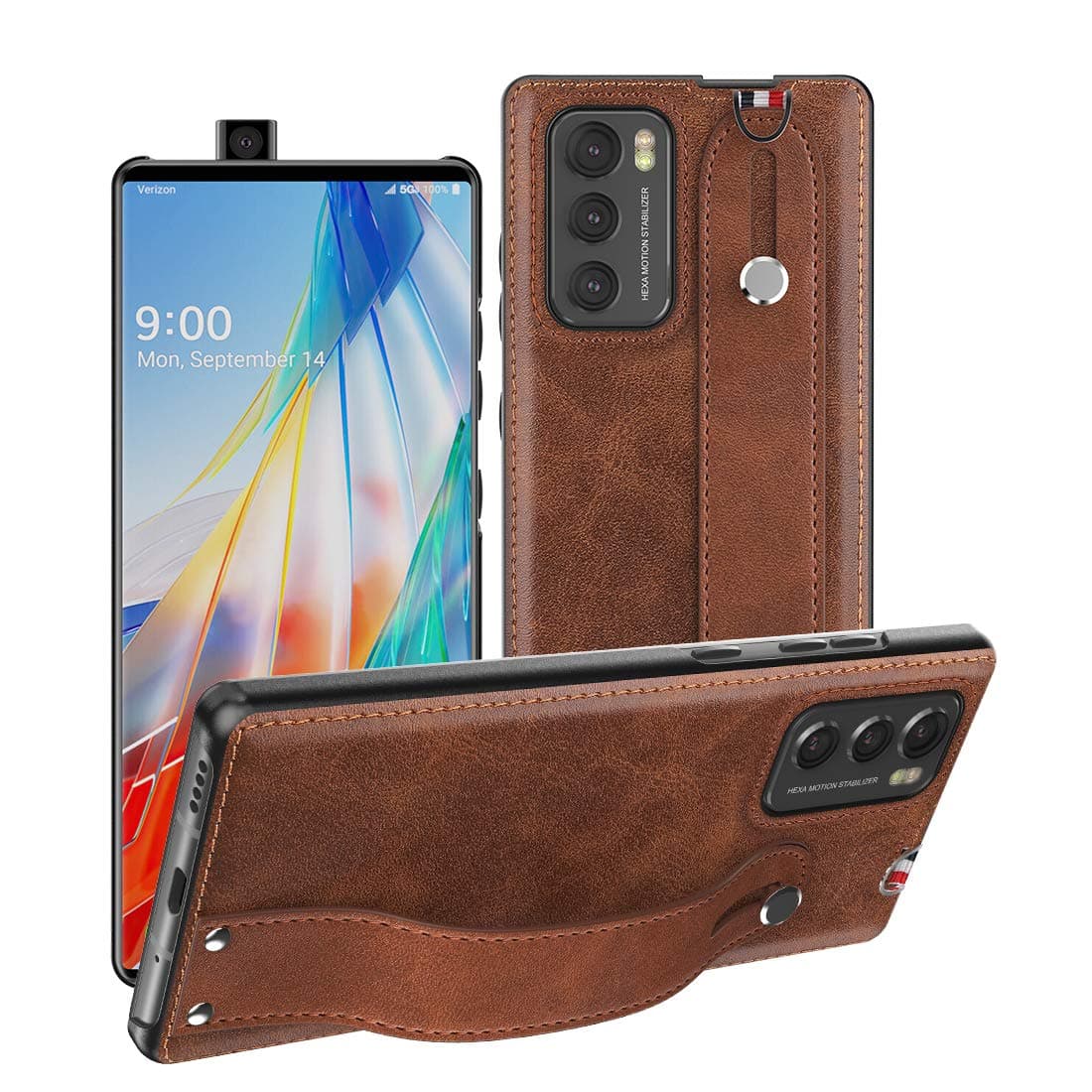 Foluu for LG Wing 5G Case, for LG Wing Case 2020, [Slim & Lightweight] PU Leather Back Cover Support Swivel Mode Hard PC Holder with Hand Strap Protective Phone Case for LG Wing 5G 6.8 Inches (Brown)