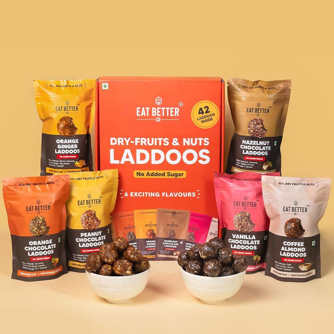 EAT BETTER CO - Assorted Healthy Laddoos - 42 Laddoos in Six Flavours | No Added Sugar | Made with 95% Dry-Fruits | High Protein & Instant Energy - Healthy Chocolate, 420 Gram