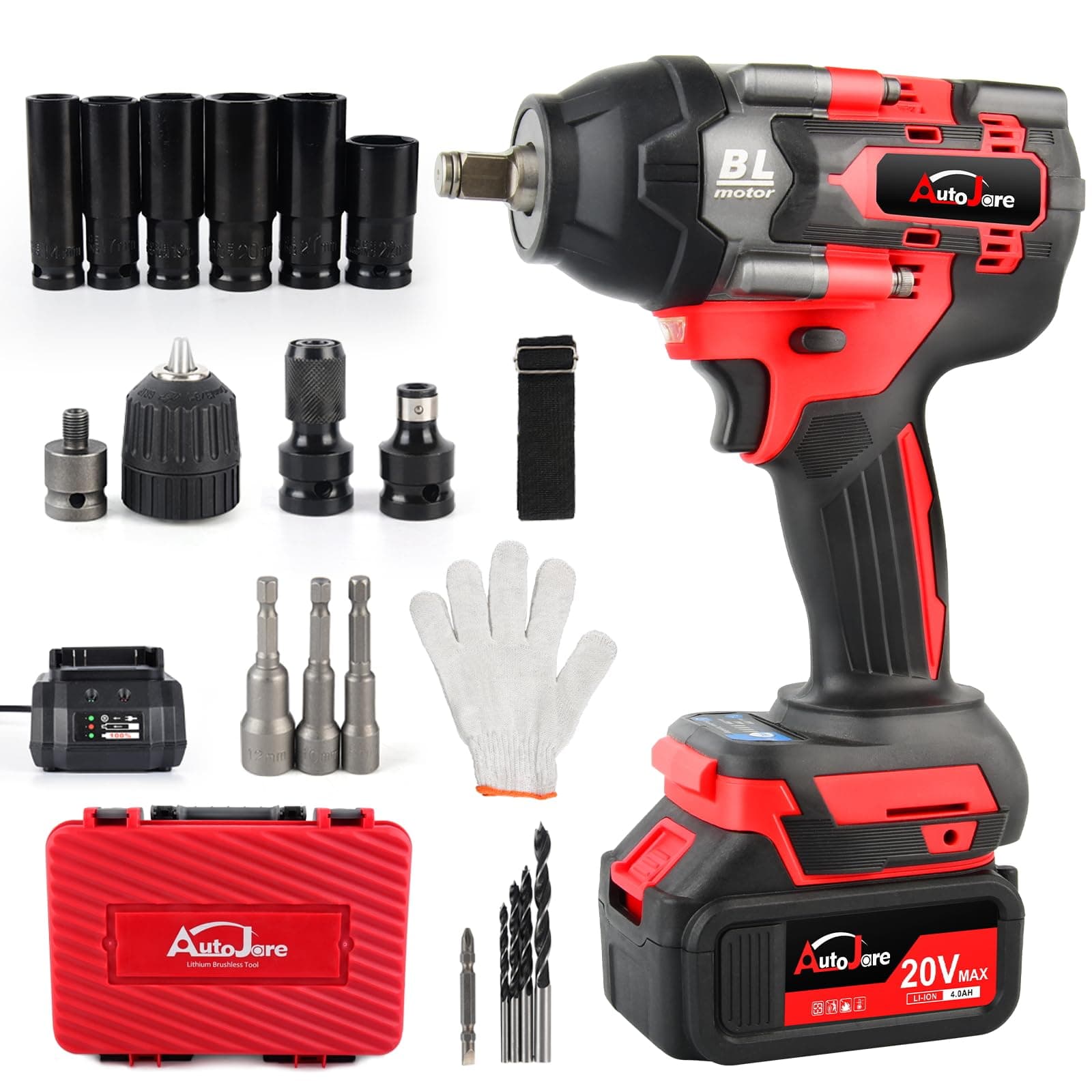 Cordless Impact Wrench Kit 1/2 inch,Electric Powerful Brushless Motor 20V Max Rechargeable Lithium-Ion Battery with Charger 6pcs Sockets Cordless Wrench Kit