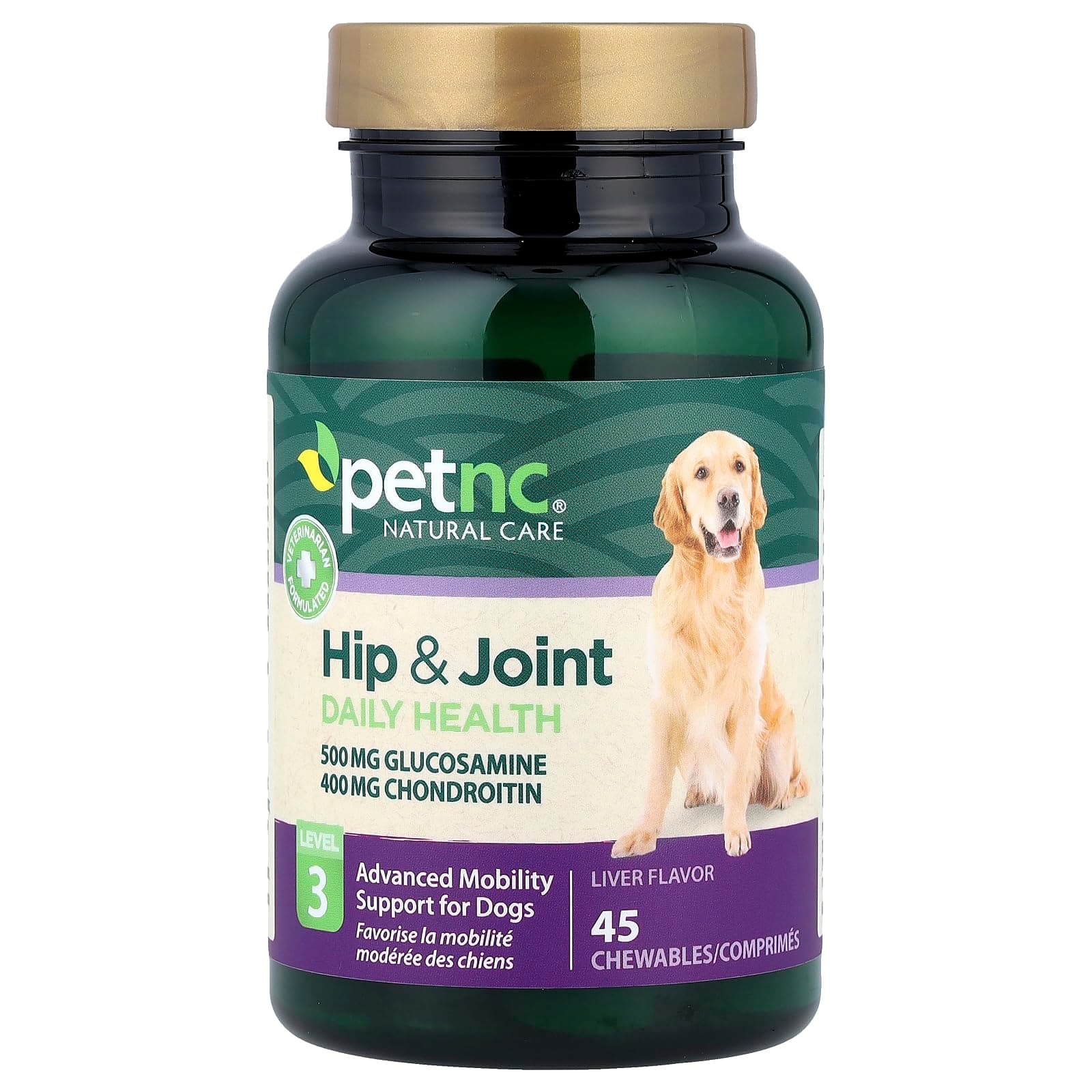 Petnc Level-3 Hip & Joint Health Supplement for Adult Dogs (45 Count), 500mg Glucosamine, 400mg Chondroitin, 50mg MSM, & 6mg Hyaluronic Acid, Includes Vitamin C & Manganese, Liver Flavor