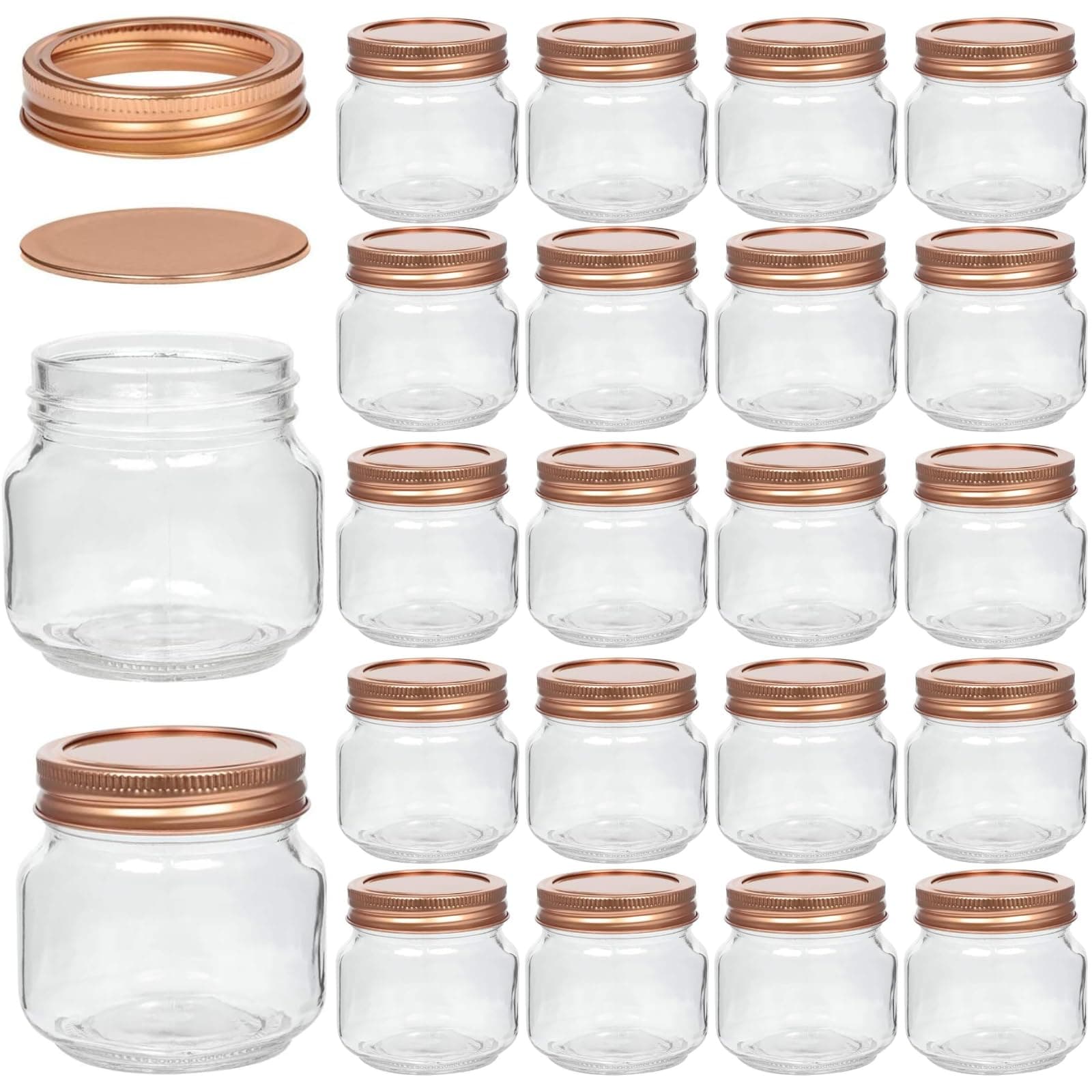 Set of 24-8OZ Mason Jars With Regular Lids Rose Gold Edition - Ideal for Body Scrubs, Lotions, Jam, Honey, Wedding Favors, Shower Favors, Baby Foods, 30 Whiteboard Labels Included